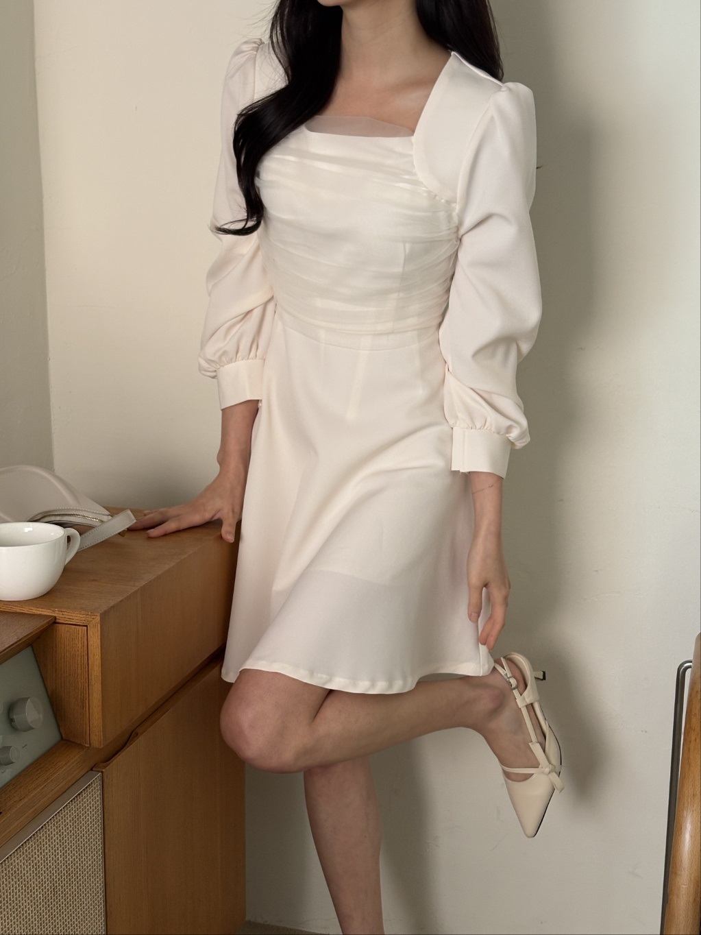 シフォンコンビスクエアネックパフスリーブ長袖フレアAラインボタンスリーブミニ無地ワンピース | 詳細画像11