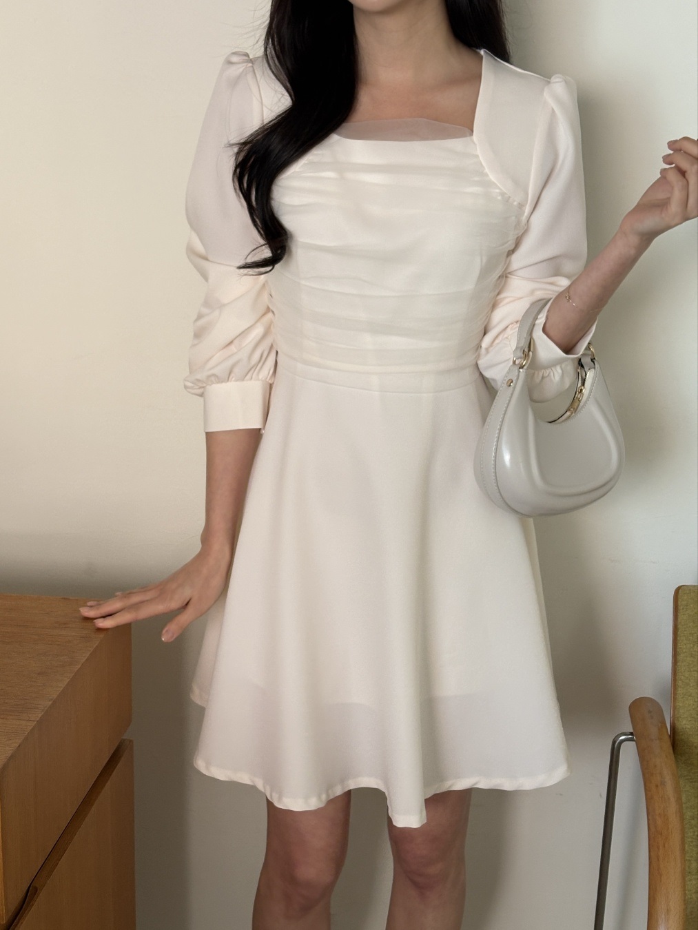 シフォンコンビスクエアネックパフスリーブ長袖フレアAラインボタンスリーブミニ無地ワンピース | 詳細画像13