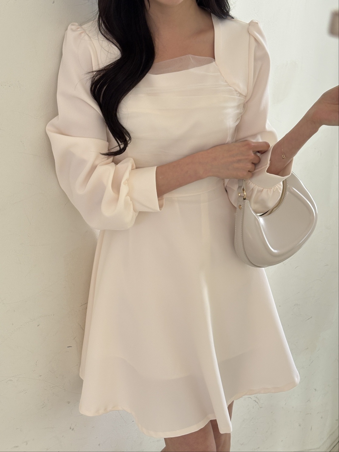 シフォンコンビスクエアネックパフスリーブ長袖フレアAラインボタンスリーブミニ無地ワンピース | 詳細画像15