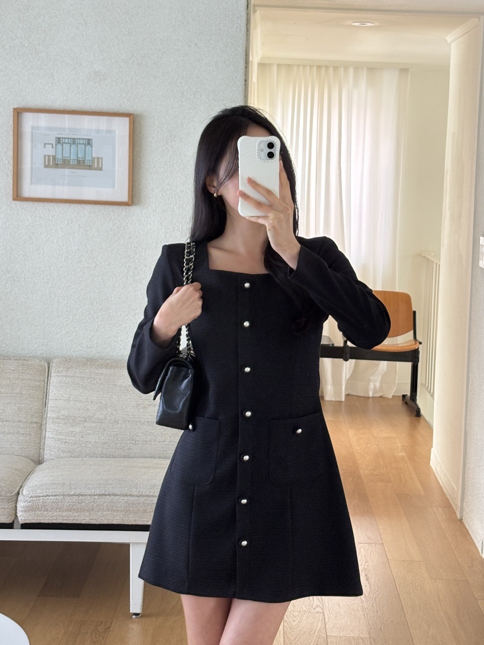 スクエアネック肩パッドライン長袖アウトポケットフェイクボタンミニワンピース | 詳細画像2