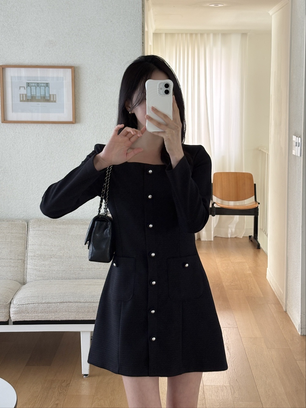 スクエアネック肩パッドライン長袖アウトポケットフェイクボタンミニワンピース | 詳細画像3