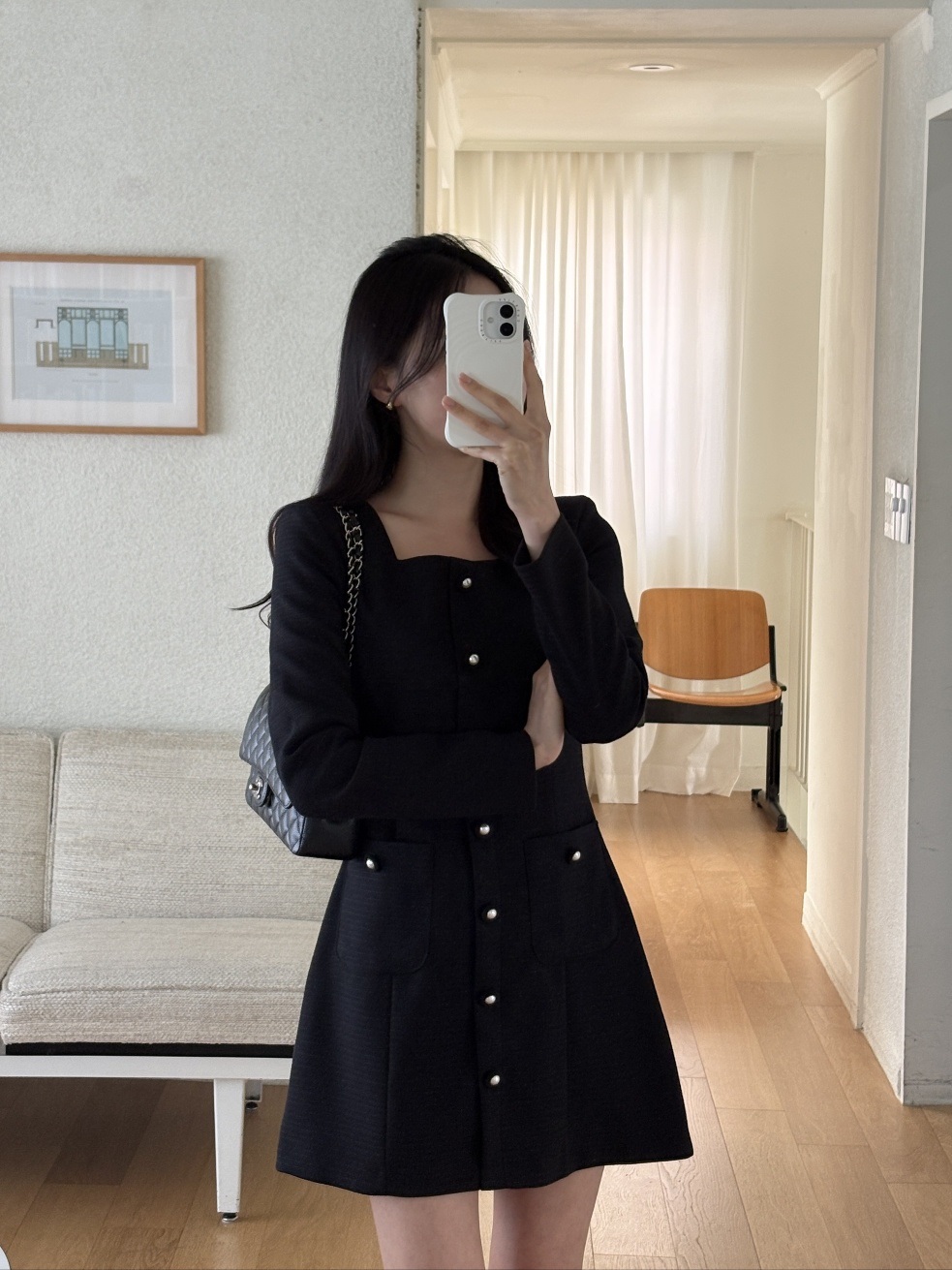 スクエアネック肩パッドライン長袖アウトポケットフェイクボタンミニワンピース | 詳細画像4