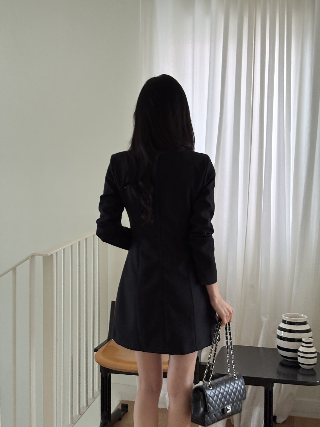 スクエアネック肩パッドライン長袖アウトポケットフェイクボタンミニワンピース | 詳細画像18