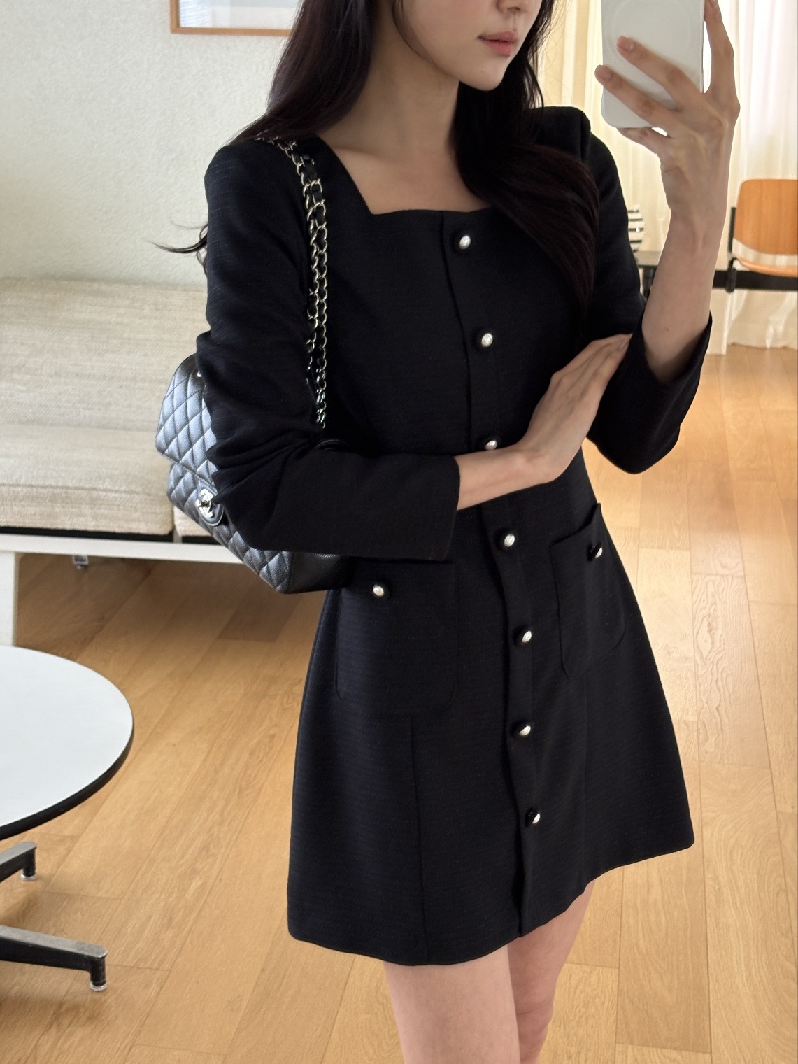スクエアネック肩パッドライン長袖アウトポケットフェイクボタンミニワンピース | 詳細画像19