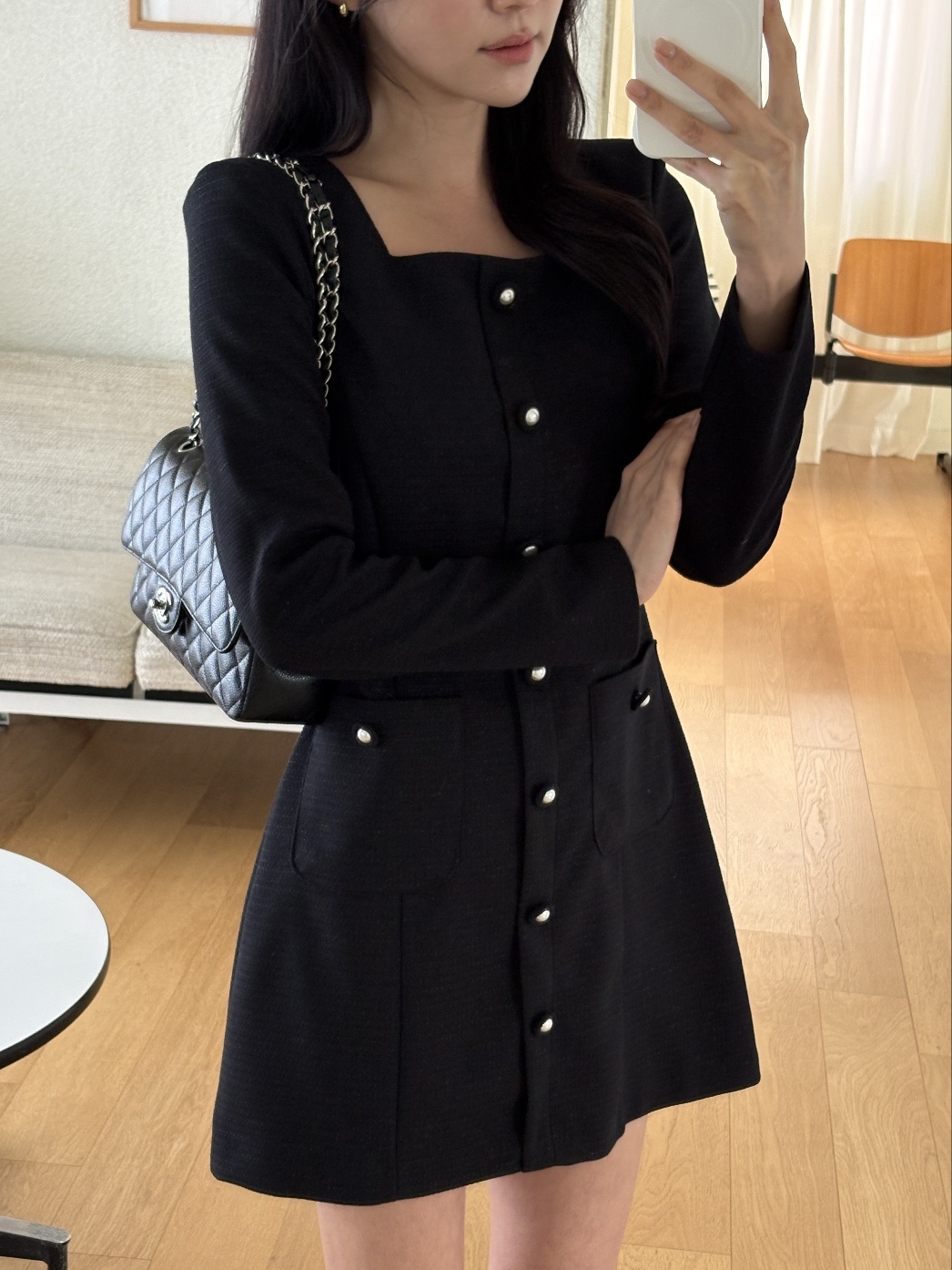 スクエアネック肩パッドライン長袖アウトポケットフェイクボタンミニワンピース | 詳細画像20