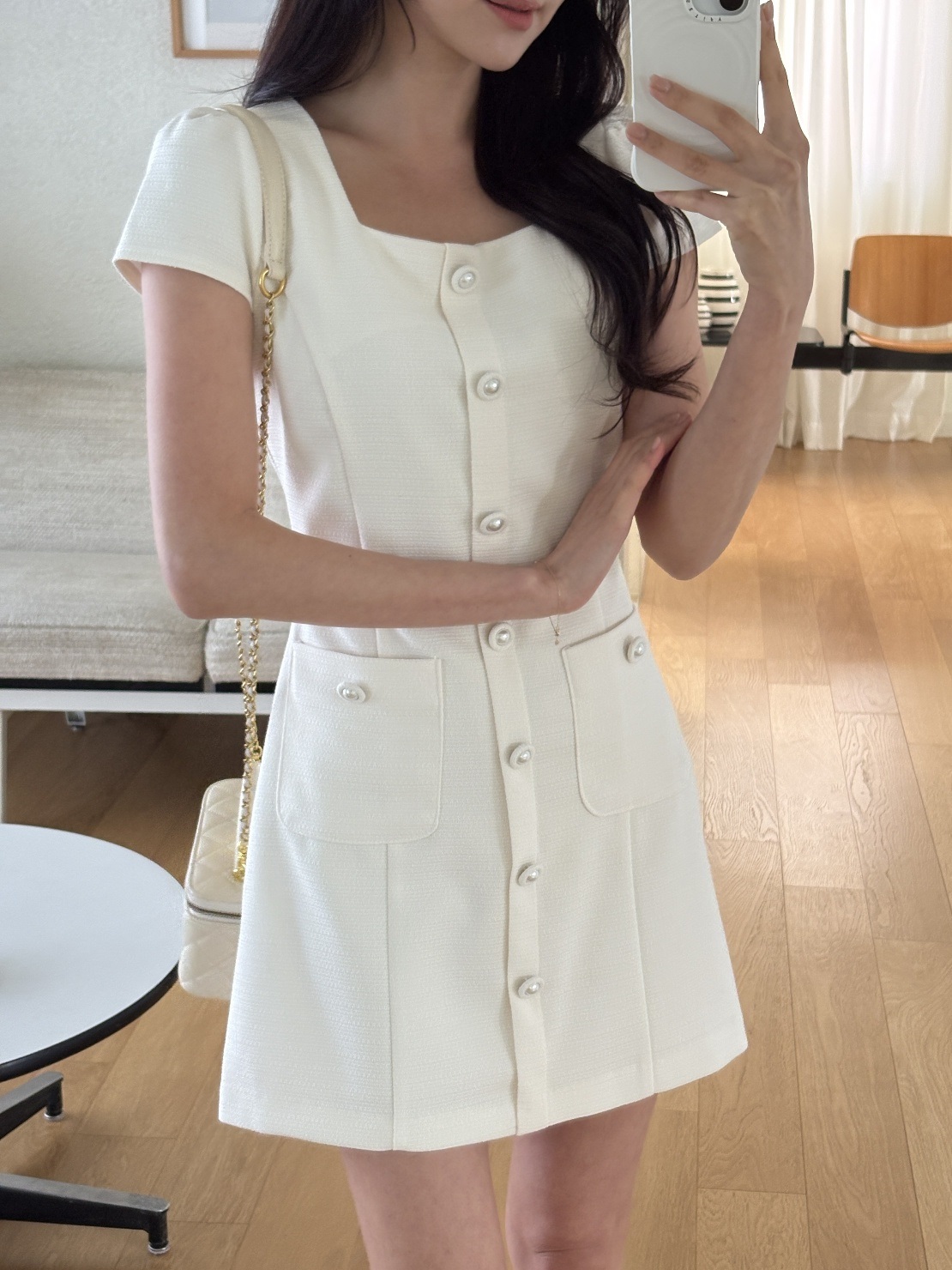 スクエアネックラインパフスリーブフレンチスリーブ半袖ツーポケットフェイクボタンミニワンピース | 詳細画像16