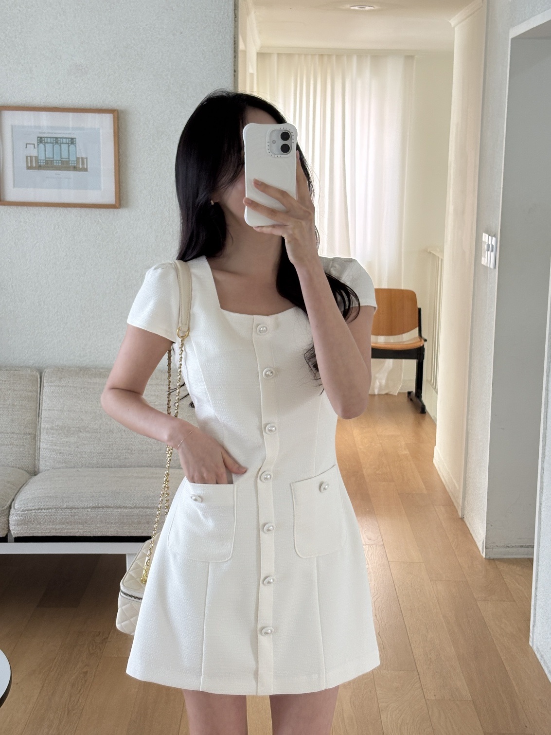 スクエアネックラインパフスリーブフレンチスリーブ半袖ツーポケットフェイクボタンミニワンピース | 詳細画像17