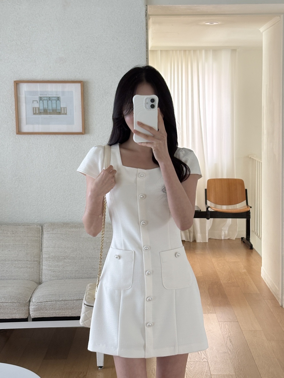 スクエアネックラインパフスリーブフレンチスリーブ半袖ツーポケットフェイクボタンミニワンピース | 詳細画像18