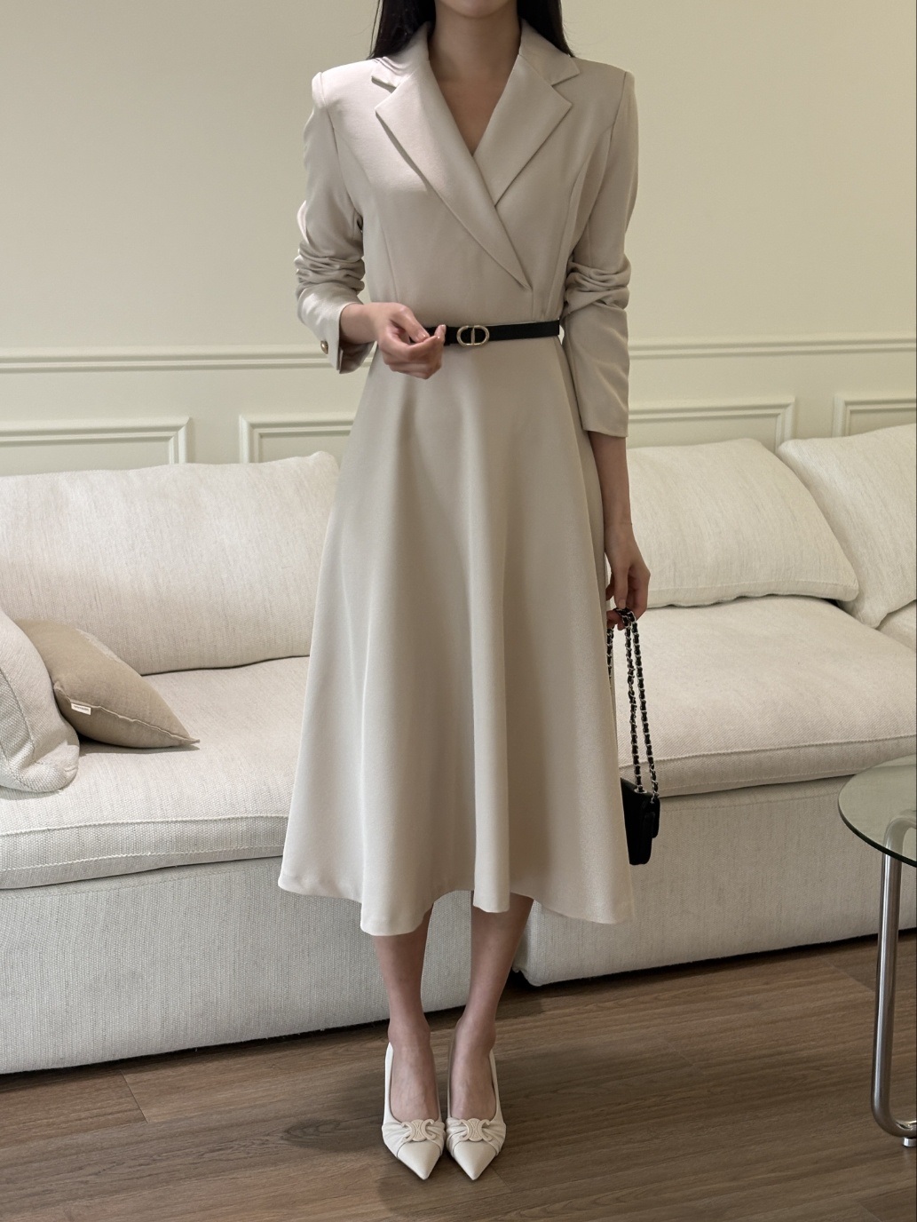 肩パッドオープンカラーラインラップ調ロング長袖フレアAライン無地ワンピースベルト付 | 詳細画像16