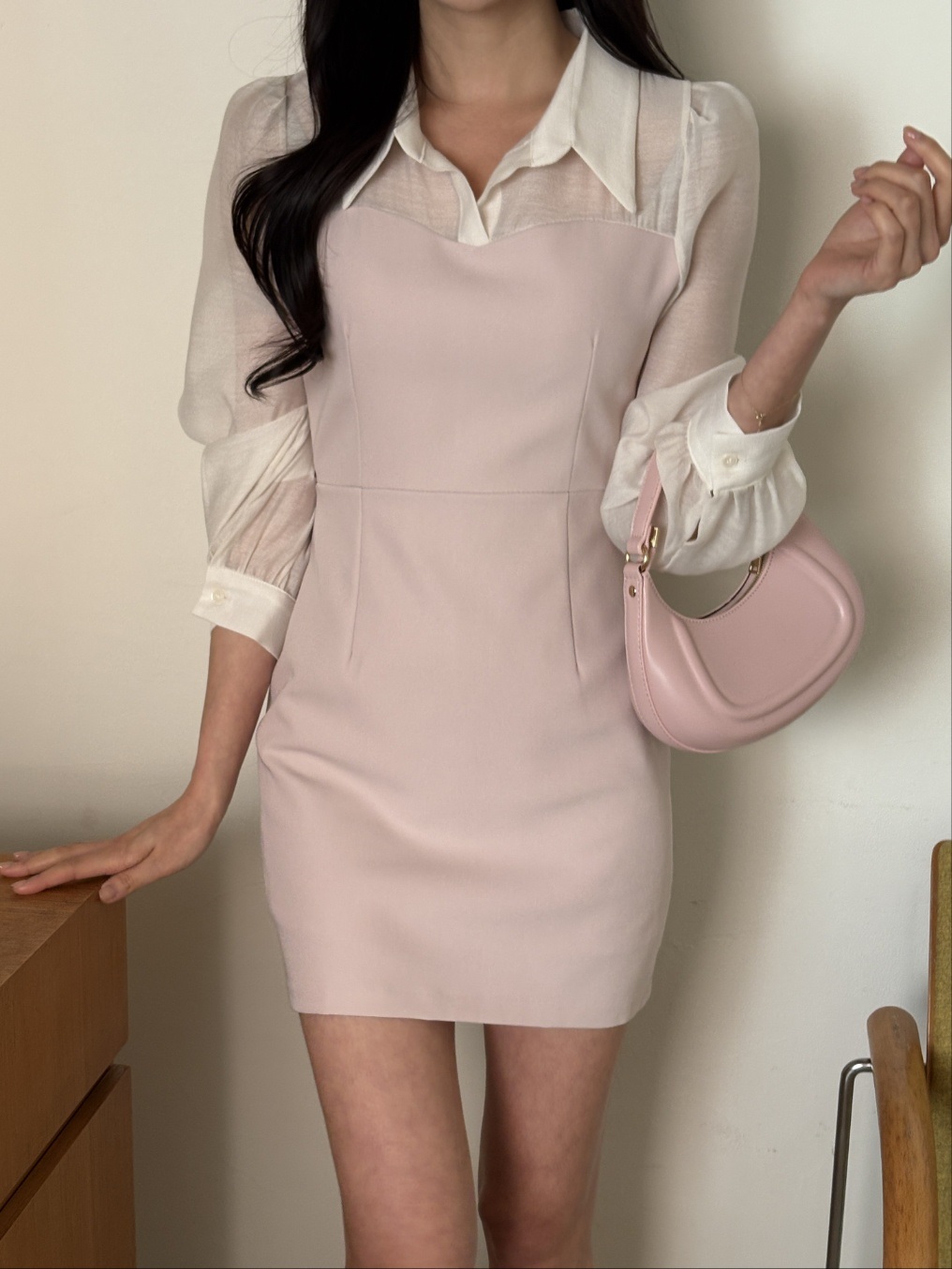 コンビカラーラインパフスリーブHライン長袖ギャザーボタンスリーブワンピース | 詳細画像13