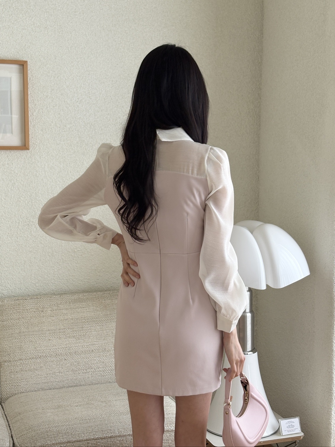 コンビカラーラインパフスリーブHライン長袖ギャザーボタンスリーブワンピース | 詳細画像18