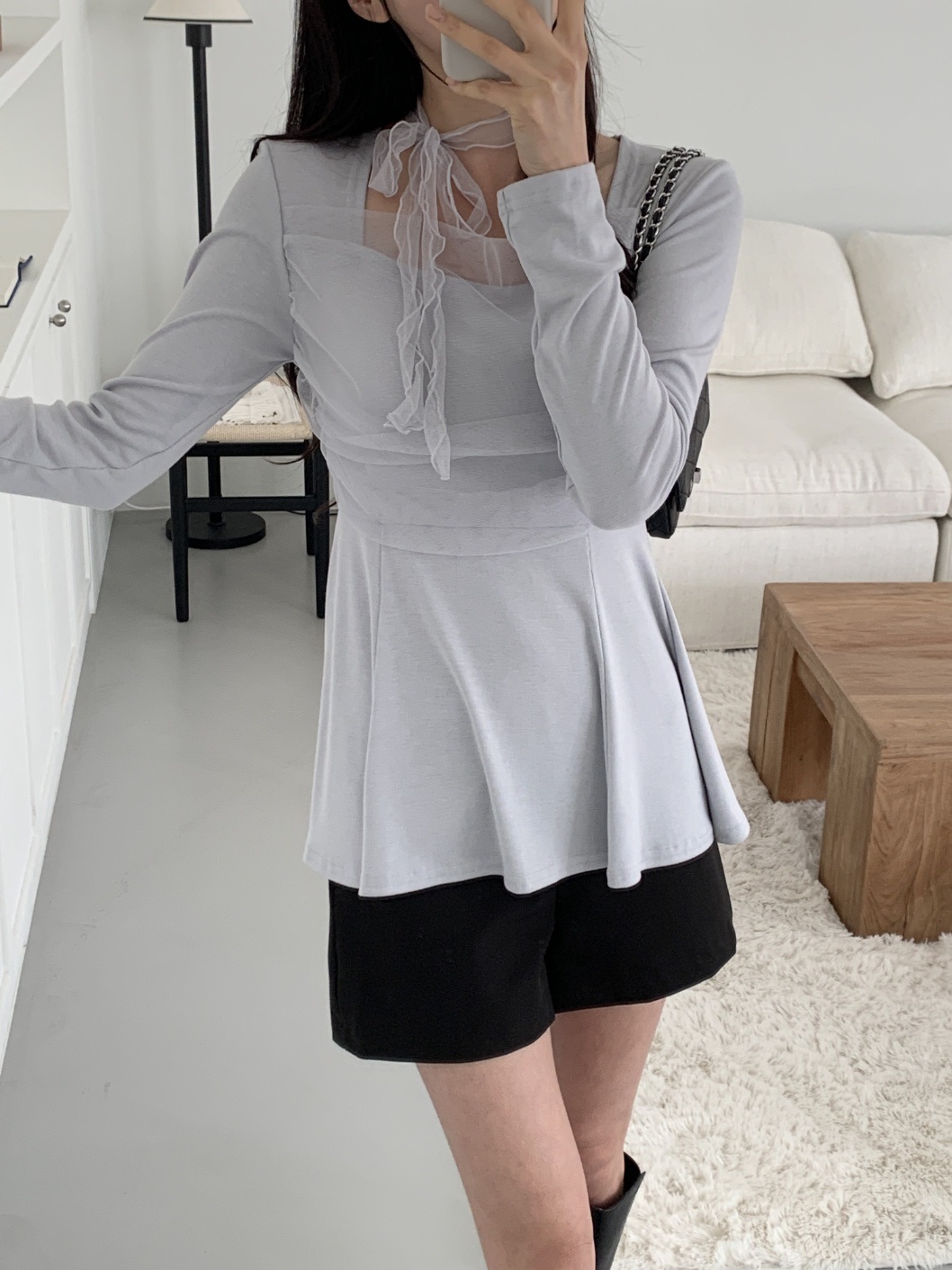 シフォンコンビスクエアネック長袖フレアハーフ無地Tシャツ | 詳細画像19