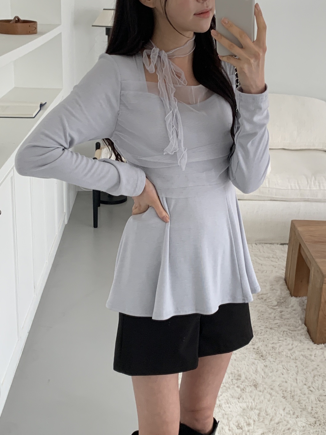 シフォンコンビスクエアネック長袖フレアハーフ無地Tシャツ | 詳細画像20