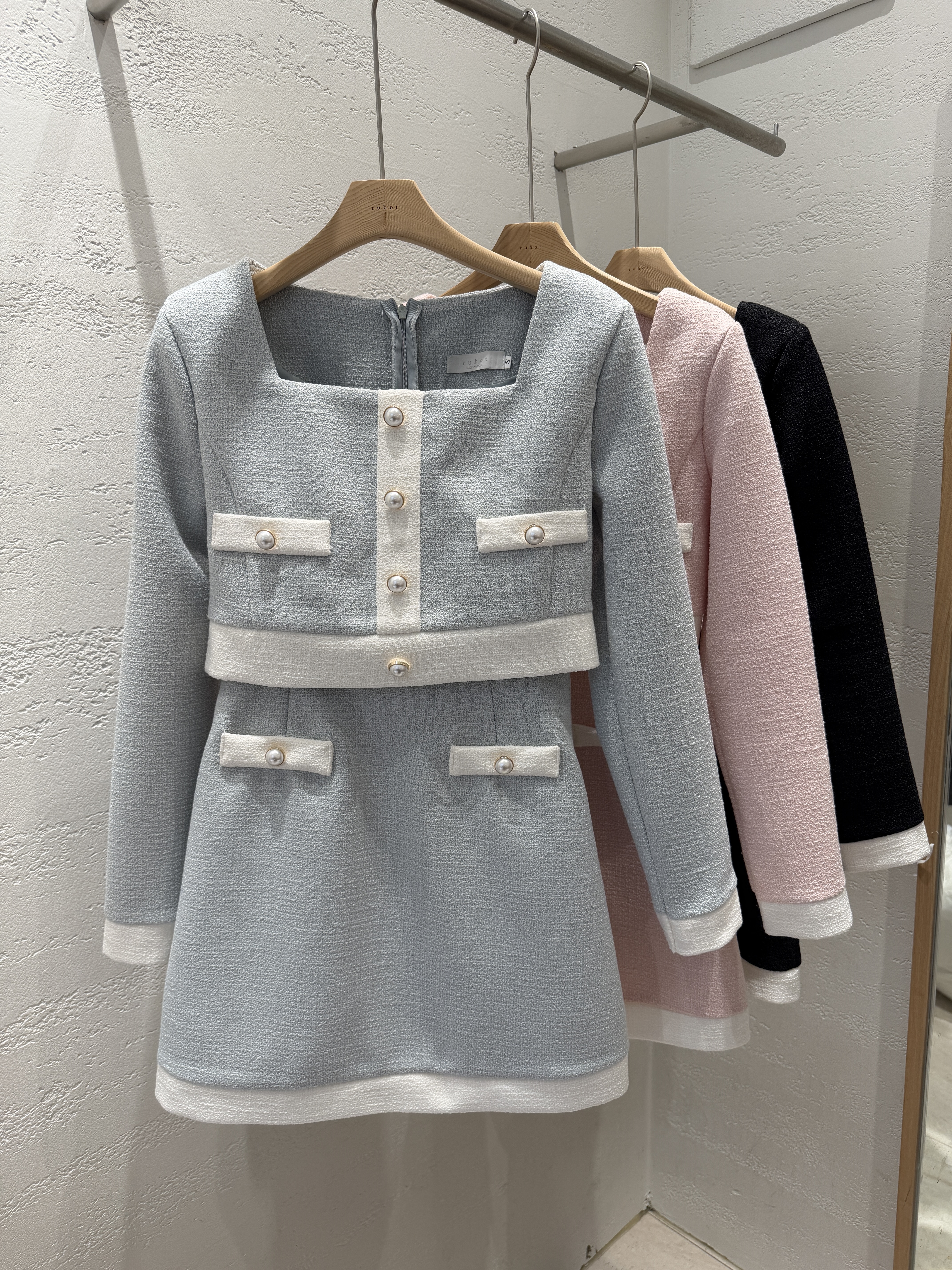 スクエアネック肩パッド長袖フェイクボタンミニフェイクポケット配色ワンピース | 詳細画像21