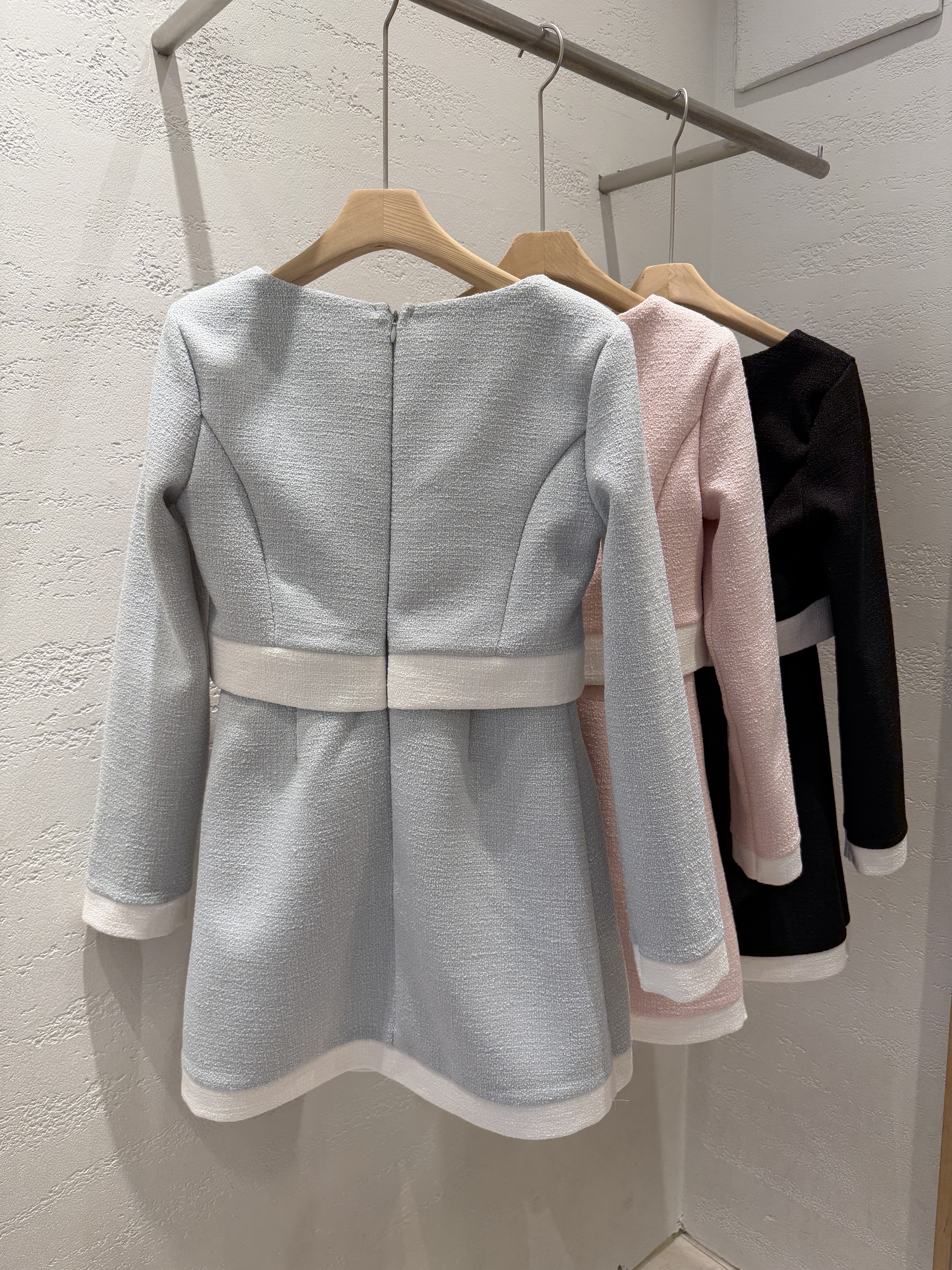 スクエアネック肩パッド長袖フェイクボタンミニフェイクポケット配色ワンピース | 詳細画像23