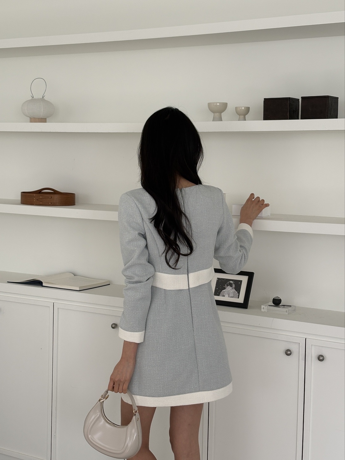 スクエアネック肩パッド長袖フェイクボタンミニフェイクポケット配色ワンピース | 詳細画像14