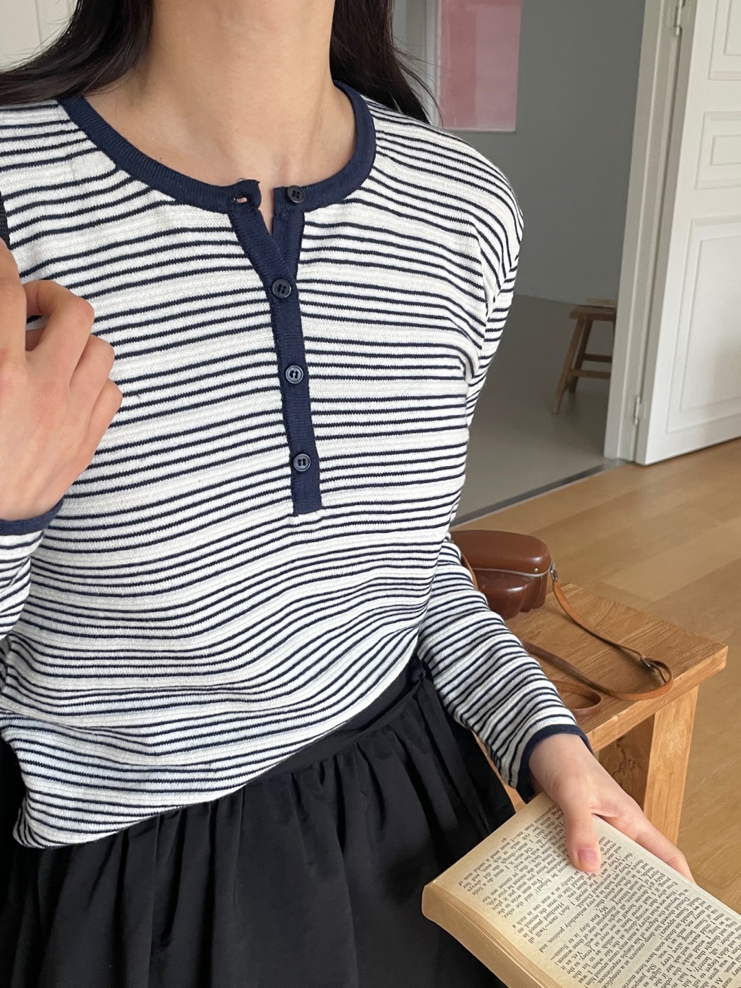 裏起毛ボタンラウンドネックベーシック長袖ボーダー配色ニット | 詳細画像7