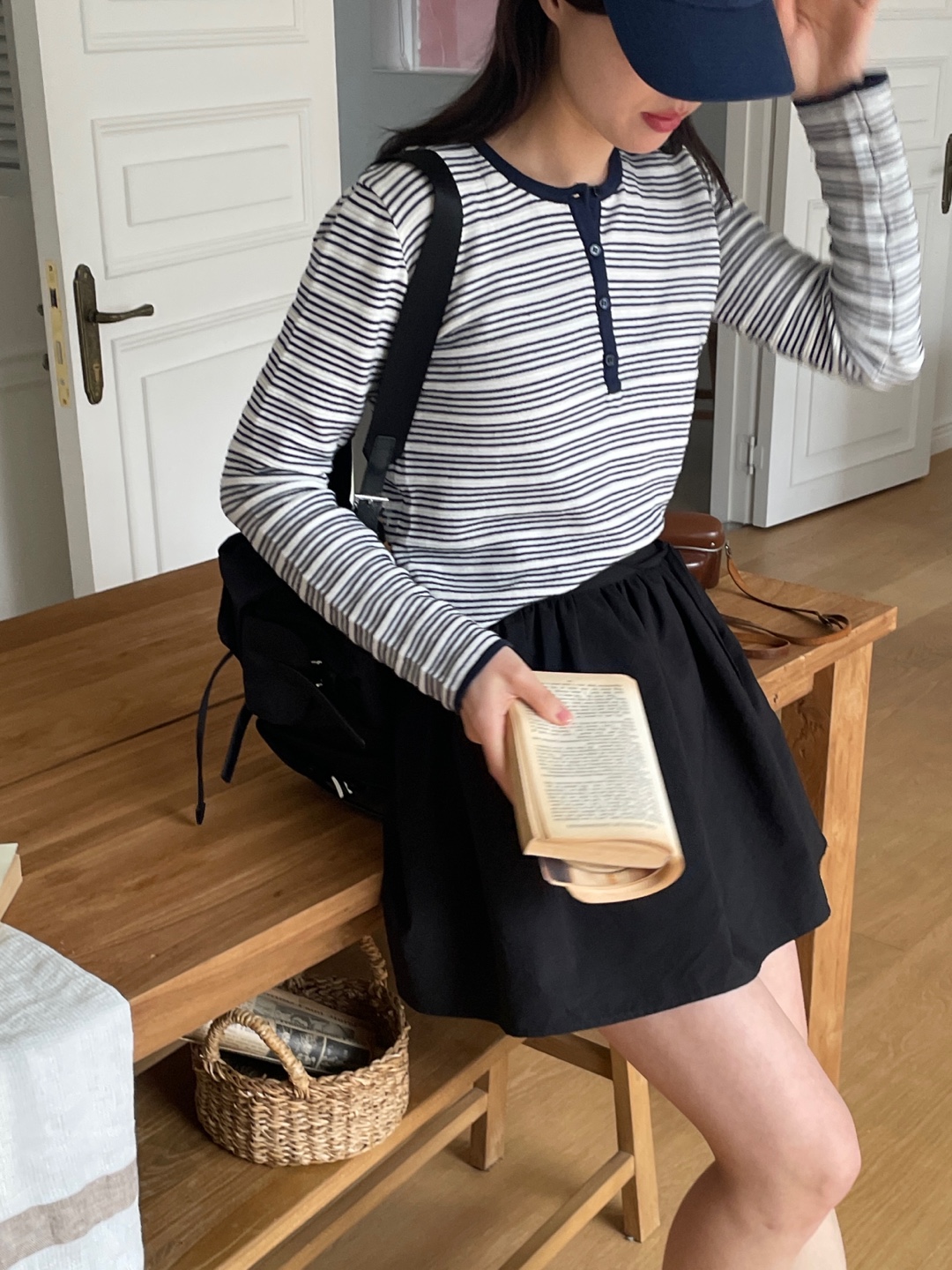 裏起毛ボタンラウンドネックベーシック長袖ボーダー配色ニット | 詳細画像10