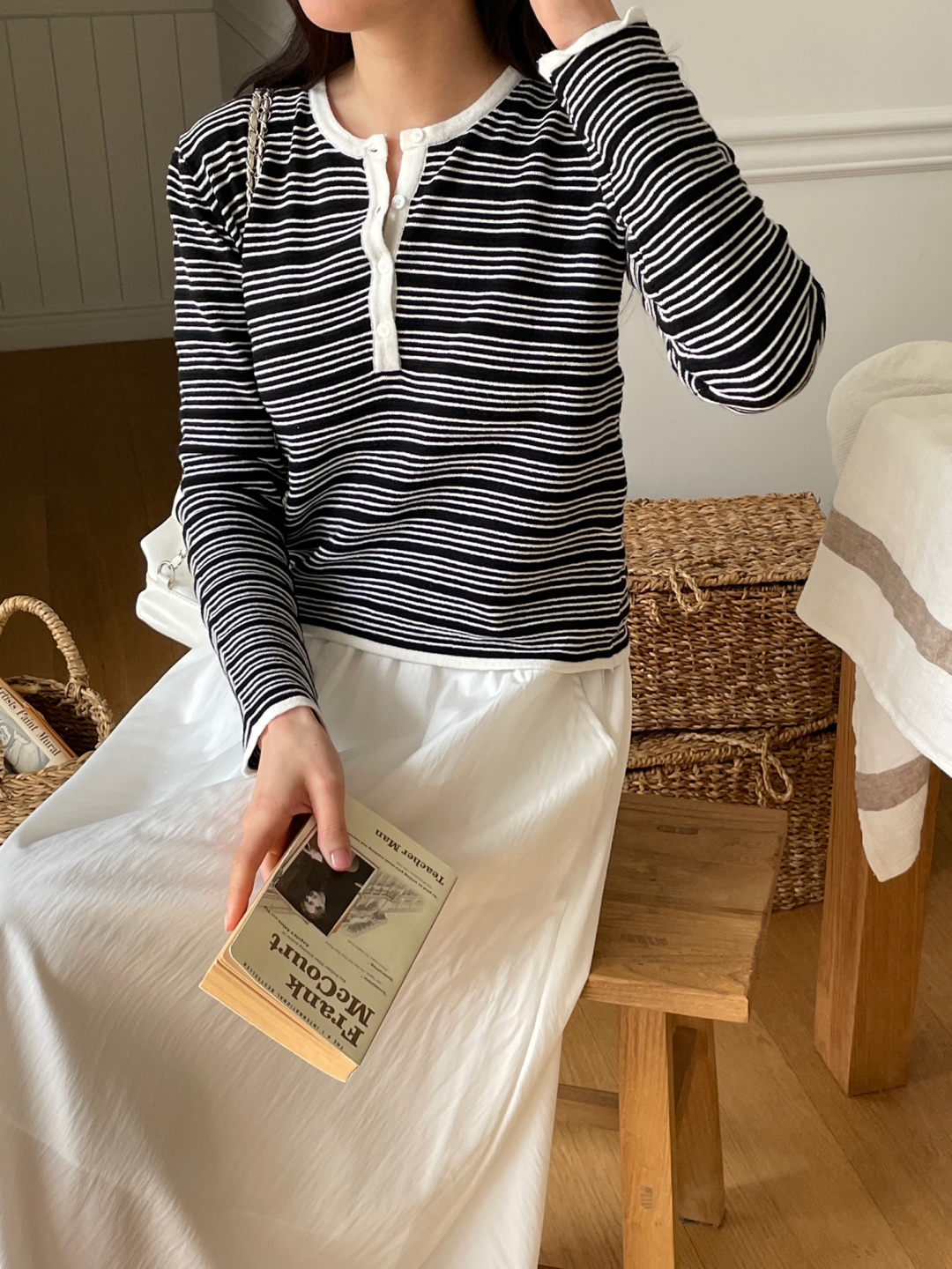 裏起毛ボタンラウンドネックベーシック長袖ボーダー配色ニット | 詳細画像15