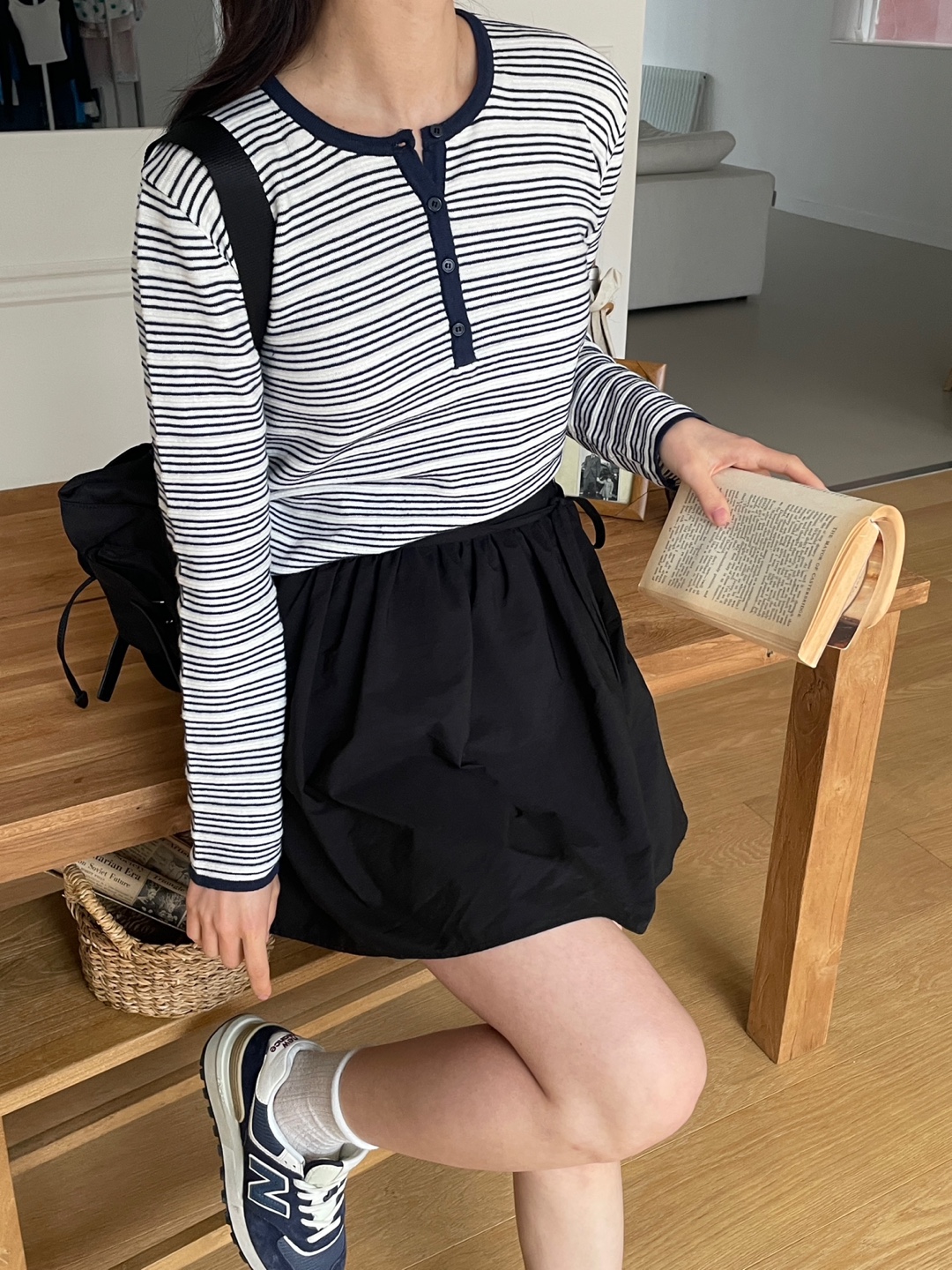 裏起毛ボタンラウンドネックベーシック長袖ボーダー配色ニット | 詳細画像9