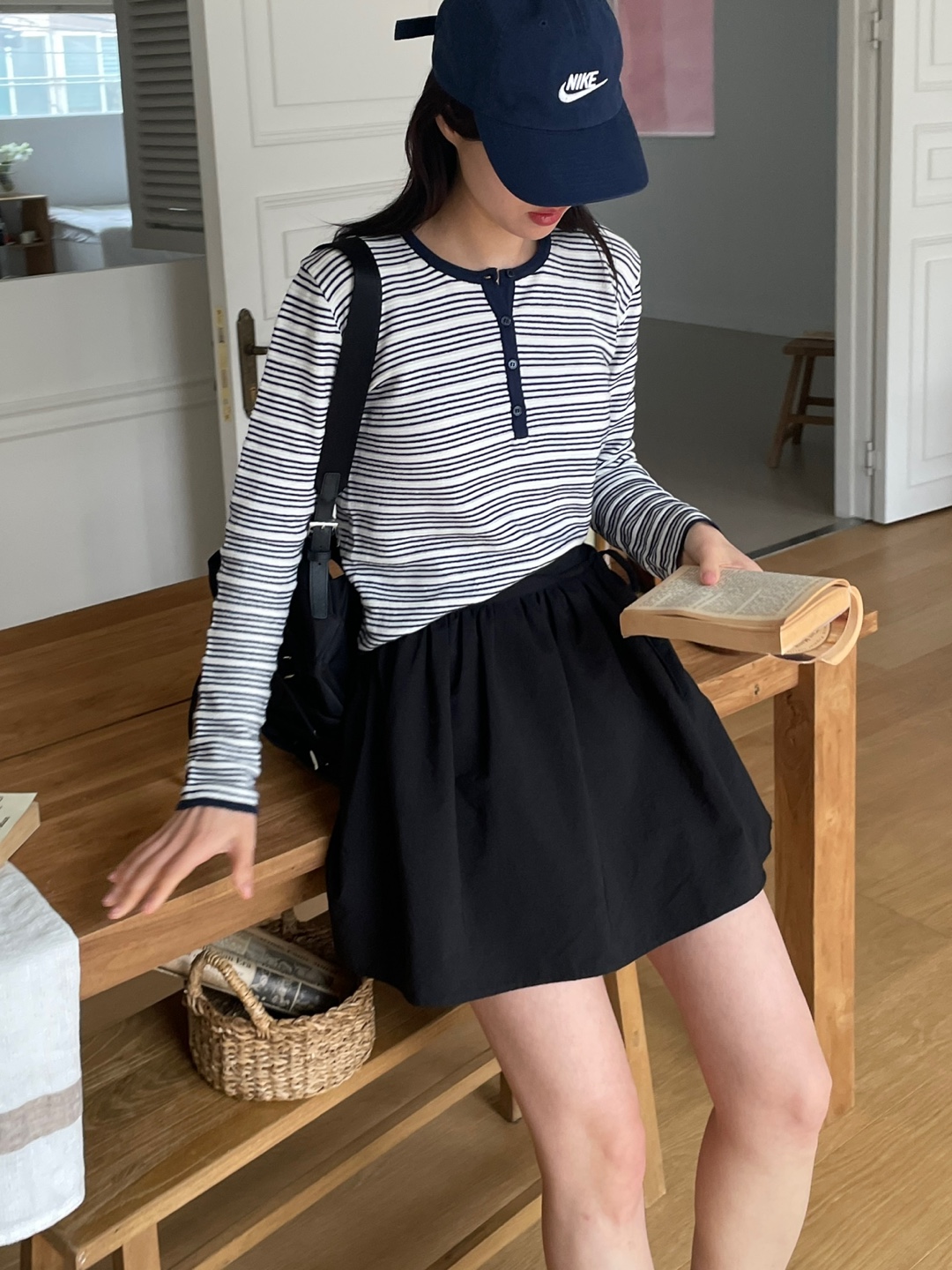 裏起毛ボタンラウンドネックベーシック長袖ボーダー配色ニット | 詳細画像2