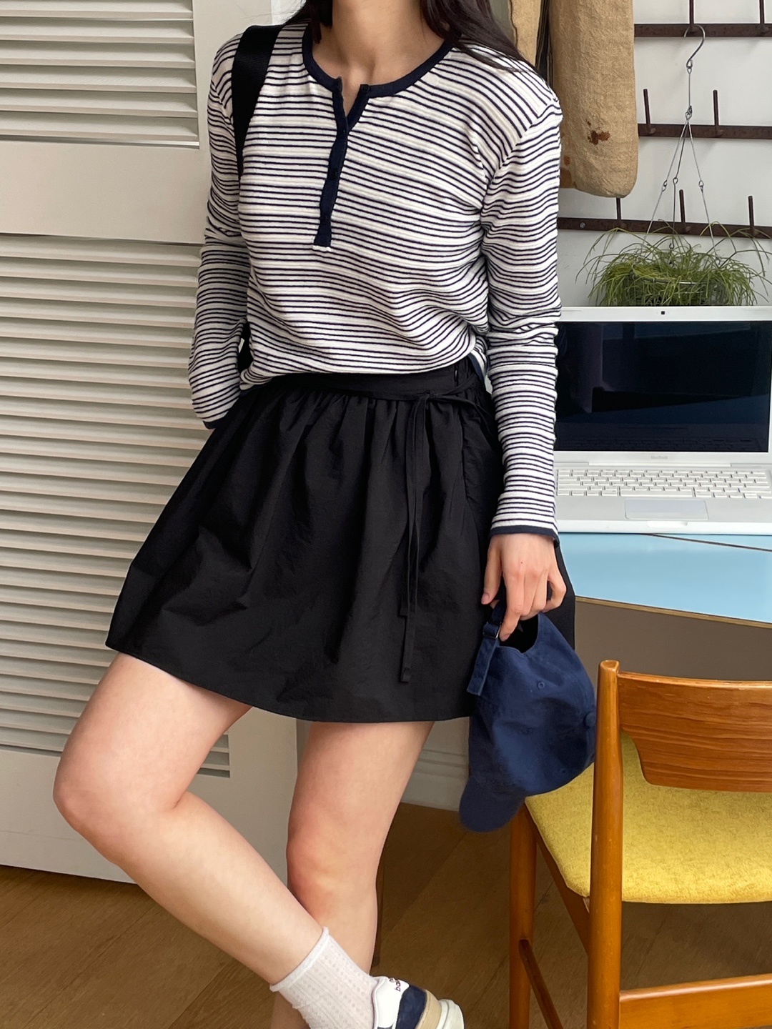 裏起毛ボタンラウンドネックベーシック長袖ボーダー配色ニット | 詳細画像8