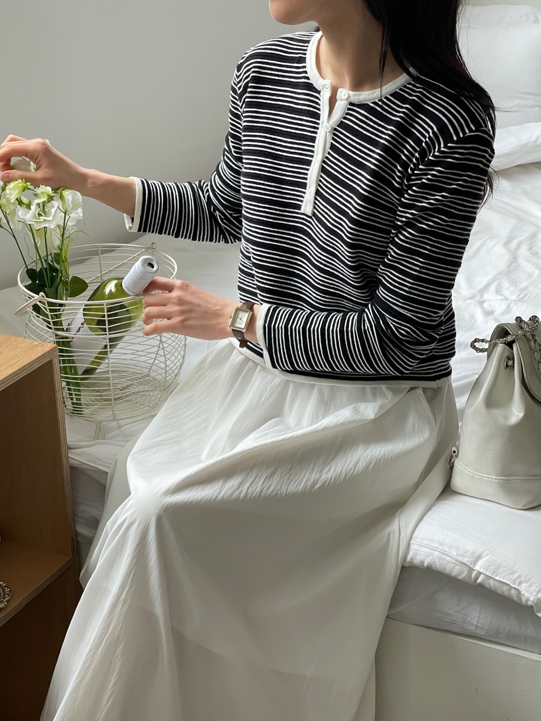 裏起毛ボタンラウンドネックベーシック長袖ボーダー配色ニット | 詳細画像3