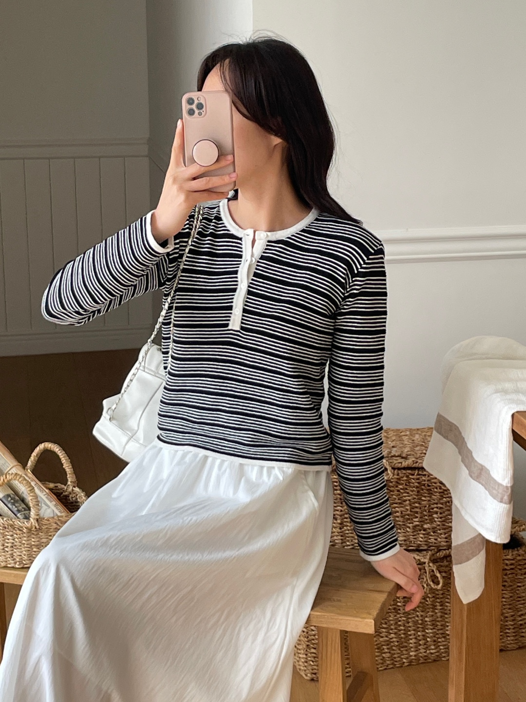 裏起毛ボタンラウンドネックベーシック長袖ボーダー配色ニット | 詳細画像14