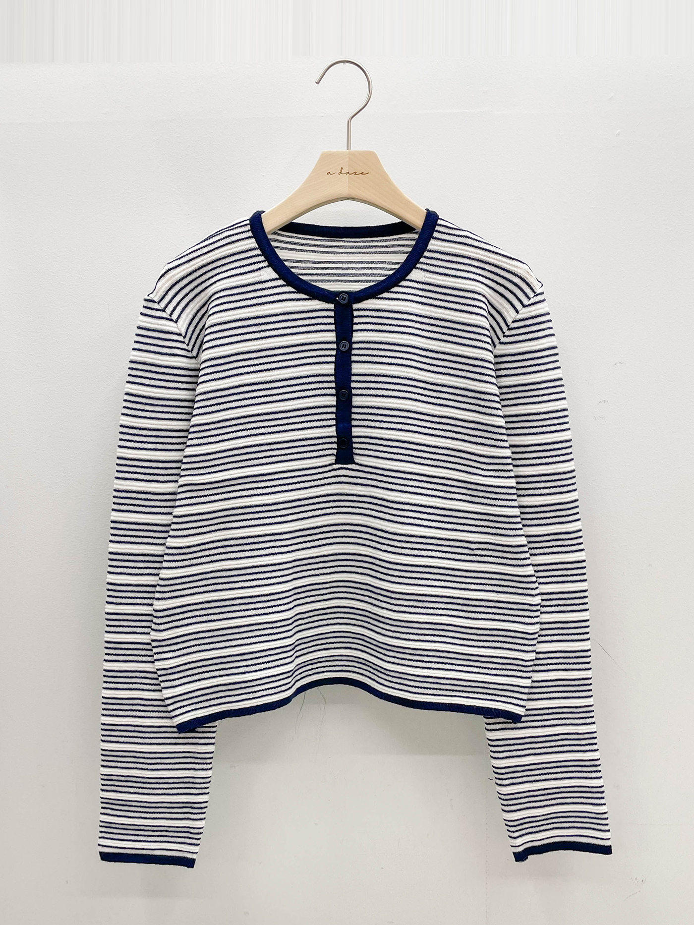 裏起毛ボタンラウンドネックベーシック長袖ボーダー配色ニット | 詳細画像16