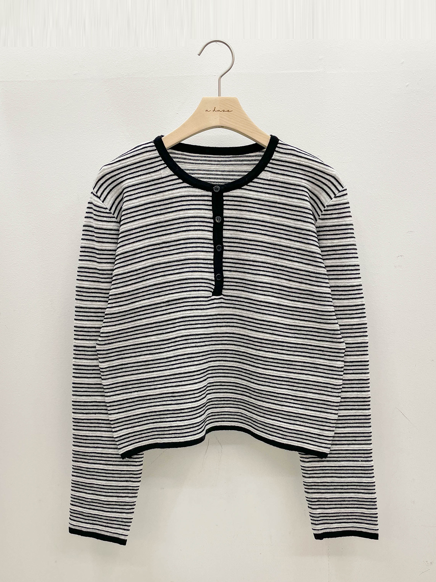 裏起毛ボタンラウンドネックベーシック長袖ボーダー配色ニット | 詳細画像17