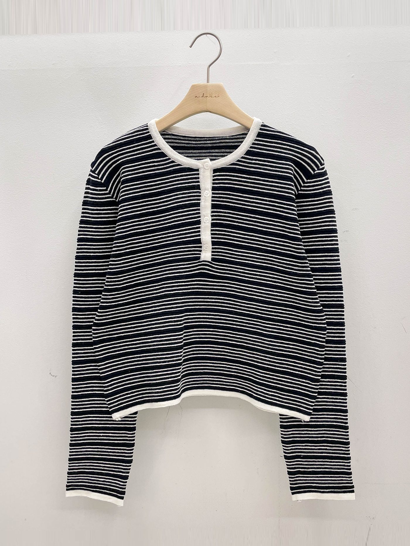 裏起毛ボタンラウンドネックベーシック長袖ボーダー配色ニット | 詳細画像18