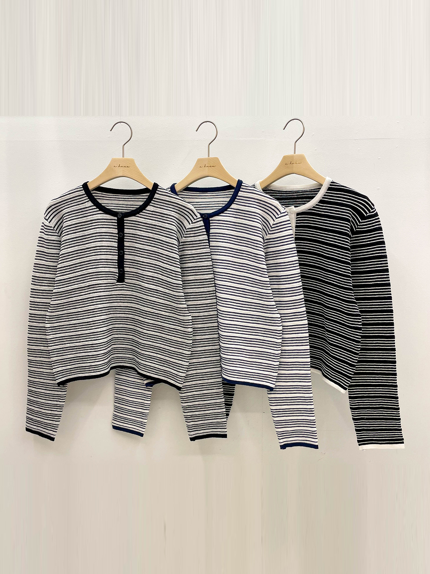 裏起毛ボタンラウンドネックベーシック長袖ボーダー配色ニット | 詳細画像19