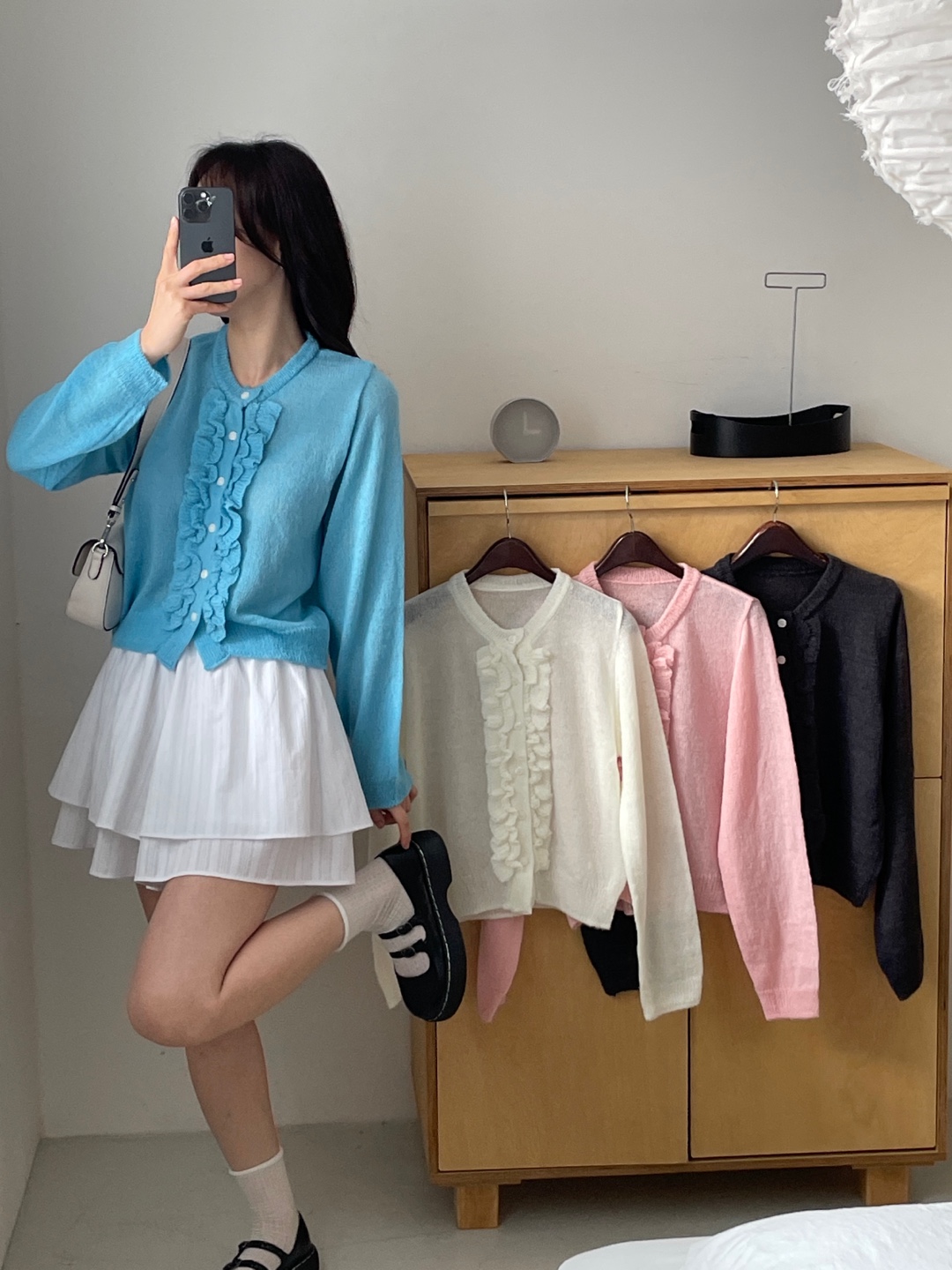 ニットウール混ボタンラウンドネックフリルベーシック長袖カーディガン | 詳細画像5