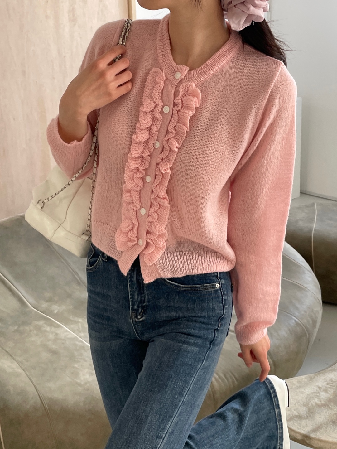 ニットウール混ボタンラウンドネックフリルベーシック長袖カーディガン | 詳細画像3