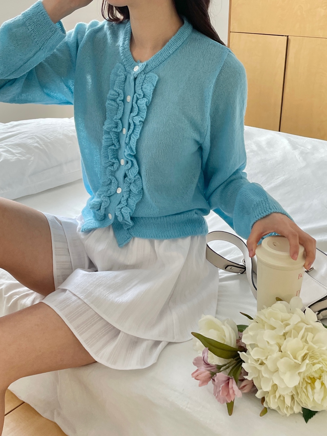 ニットウール混ボタンラウンドネックフリルベーシック長袖カーディガン | 詳細画像2