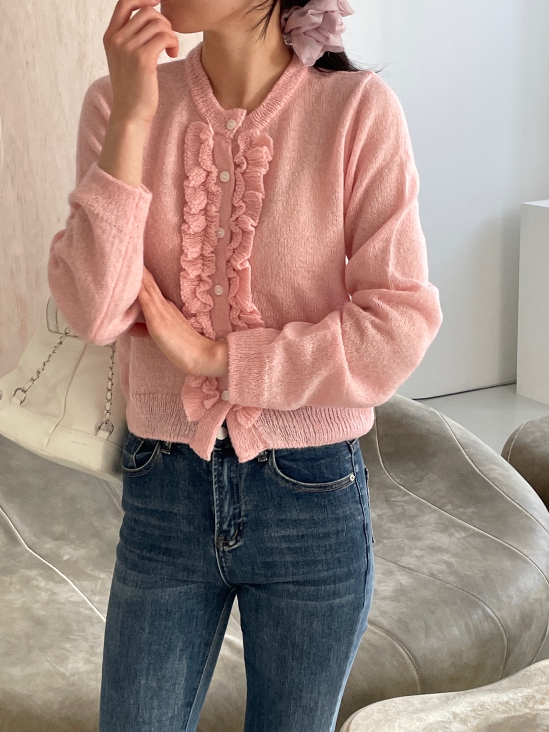 ニットウール混ボタンラウンドネックフリルベーシック長袖カーディガン | 詳細画像11