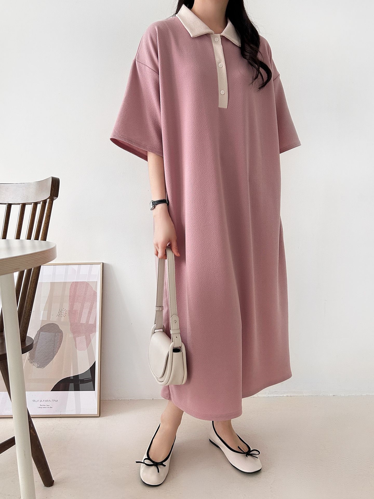 配色ボタンカラーボクシーロングルーズ長袖ワンピース | 詳細画像3