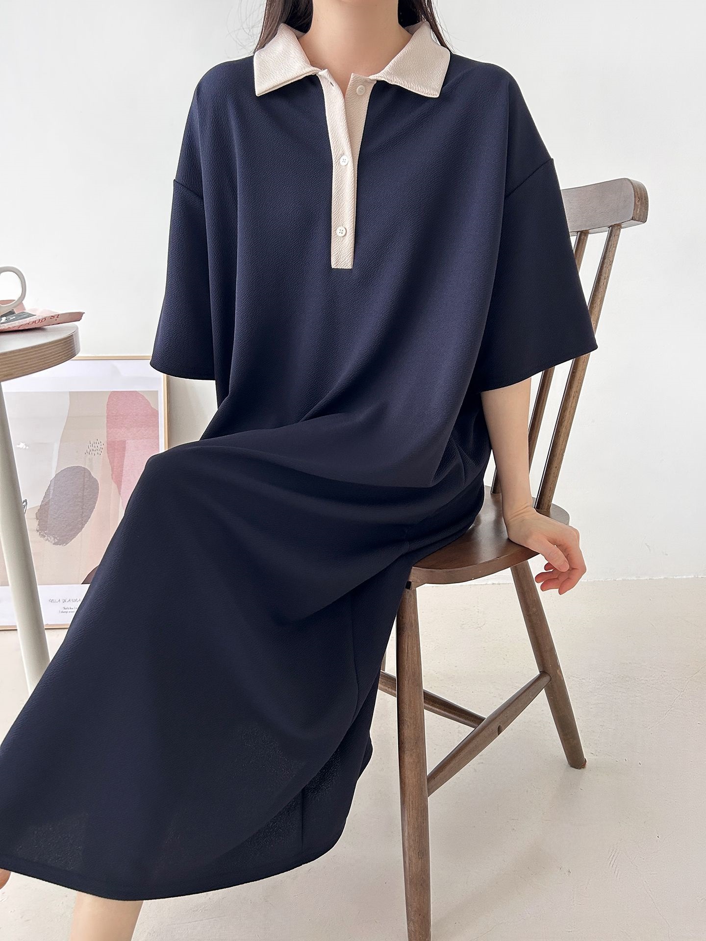 配色ボタンカラーボクシーロングルーズ長袖ワンピース | 詳細画像4