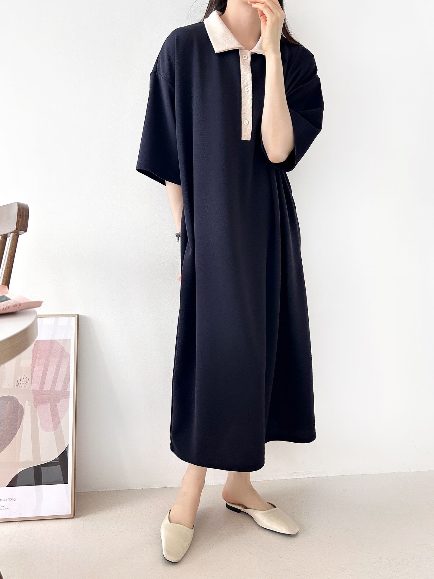 配色ボタンカラーボクシーロングルーズ長袖ワンピース | 詳細画像5