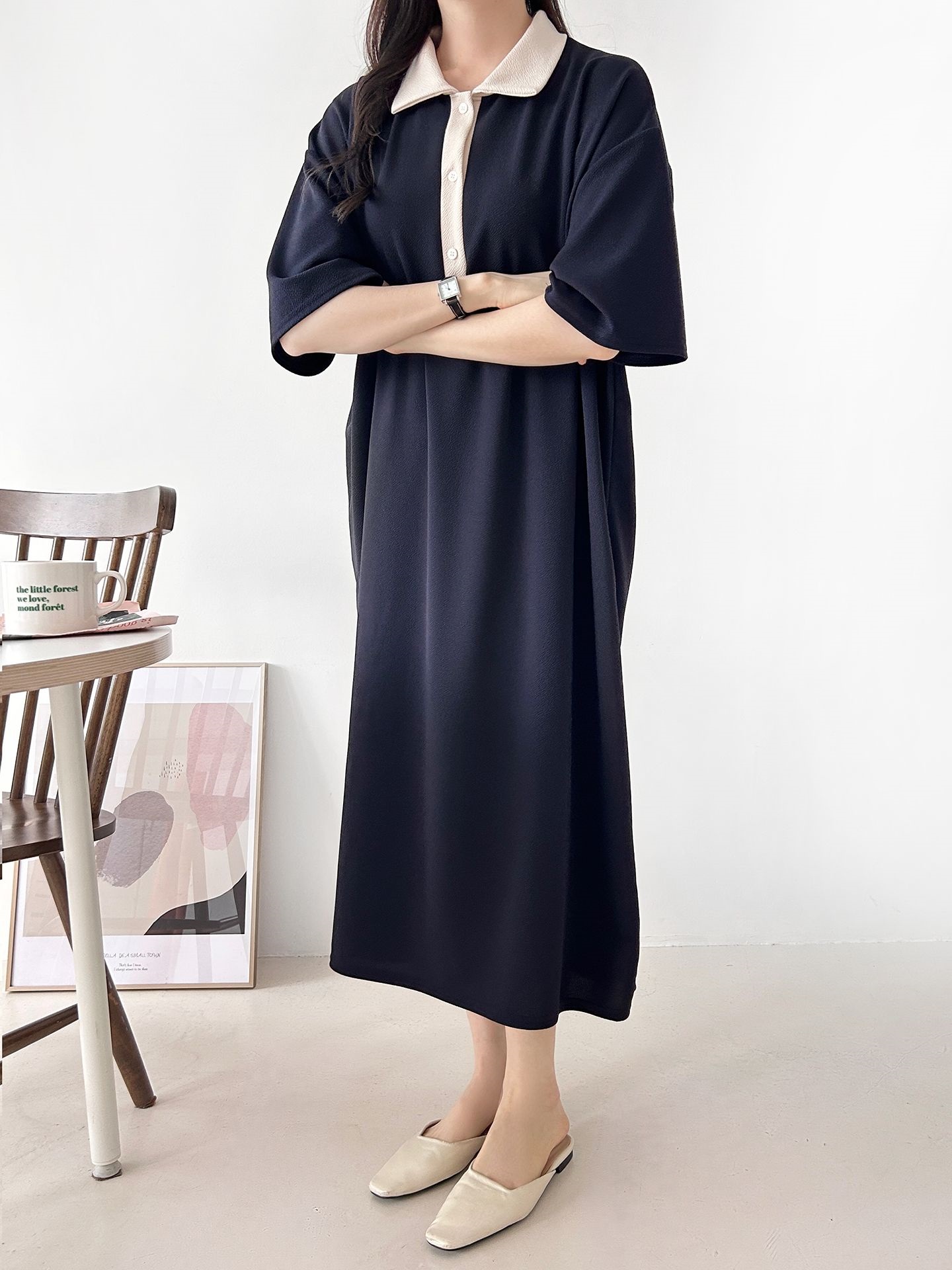 配色ボタンカラーボクシーロングルーズ長袖ワンピース | 詳細画像6