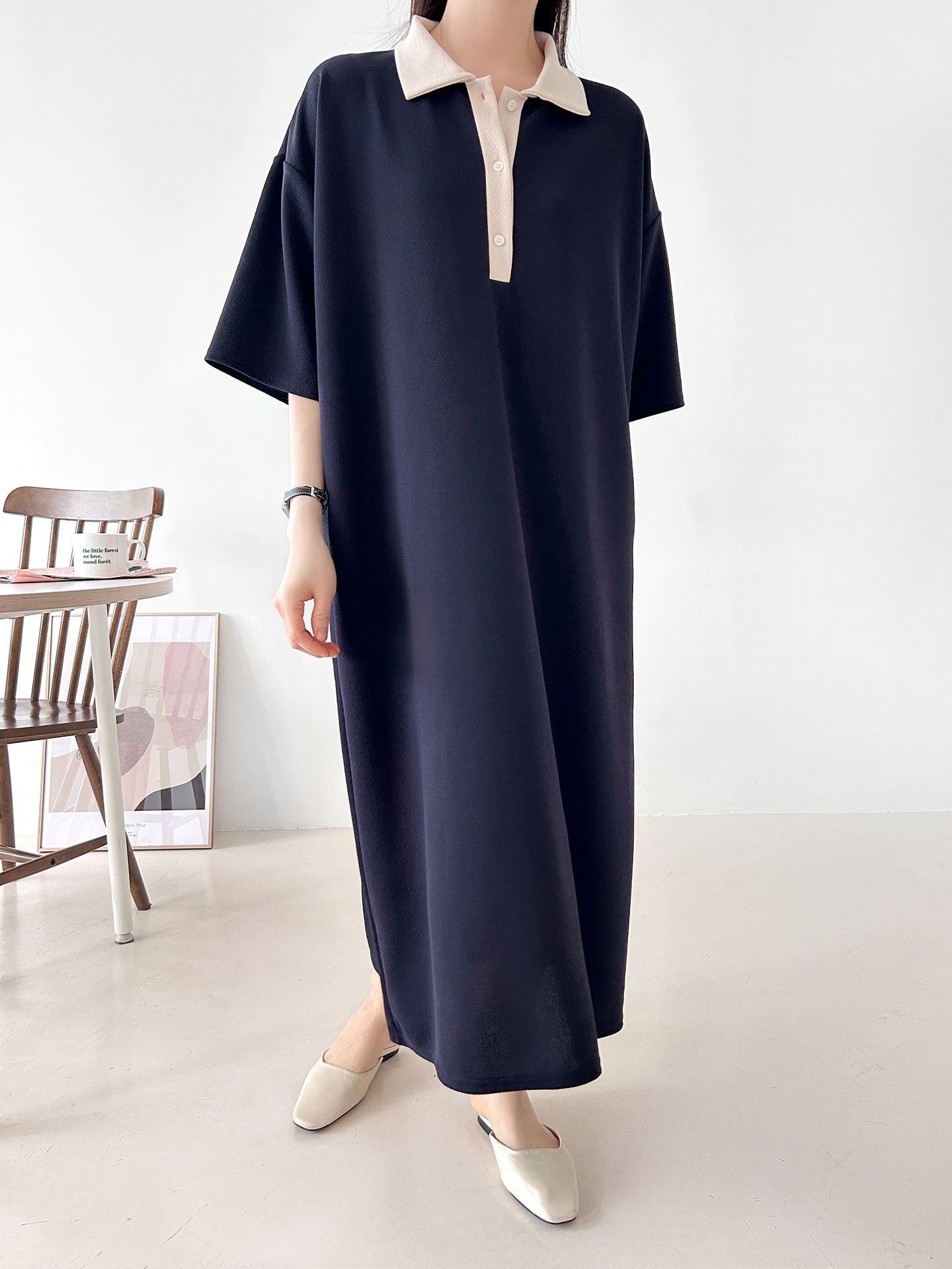 配色ボタンカラーボクシーロングルーズ長袖ワンピース | 詳細画像7