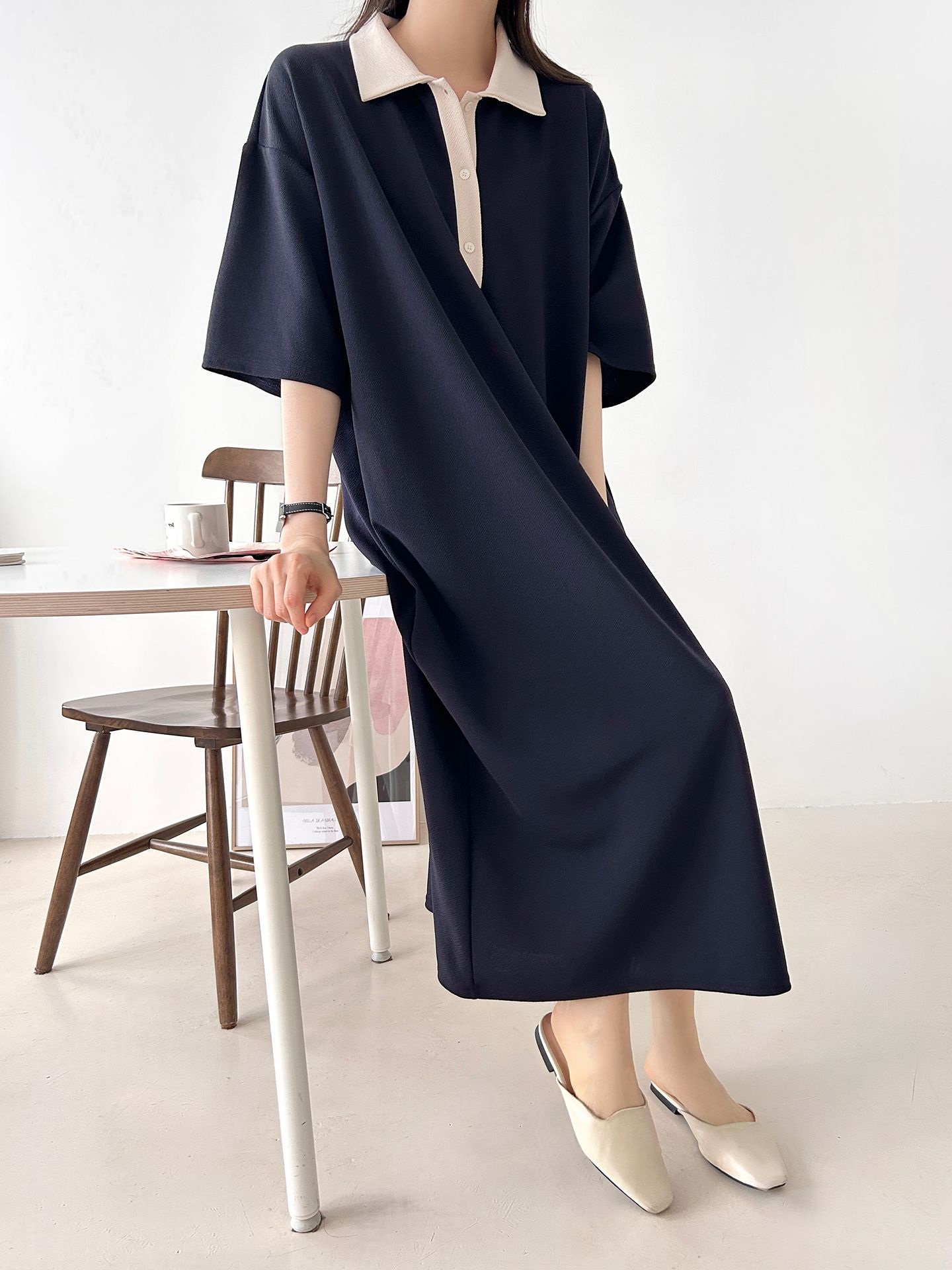 配色ボタンカラーボクシーロングルーズ長袖ワンピース | 詳細画像8