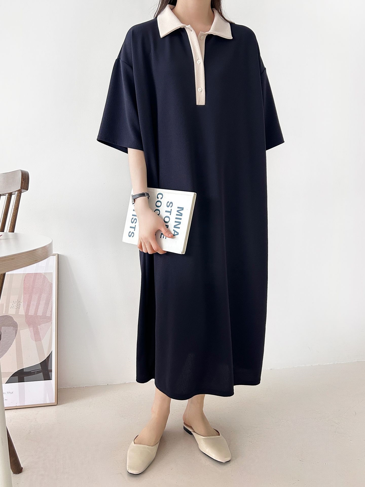 配色ボタンカラーボクシーロングルーズ長袖ワンピース | 詳細画像9