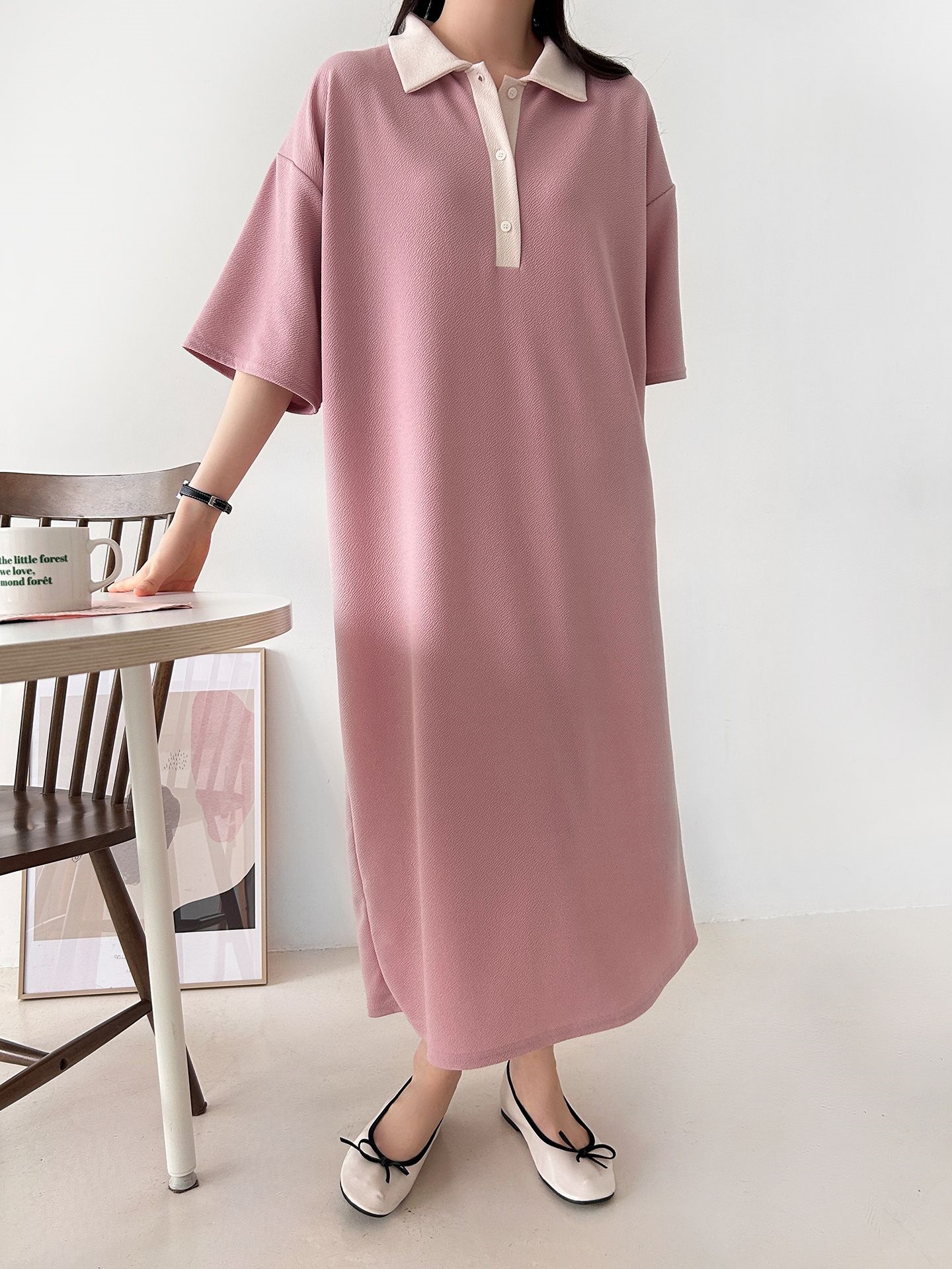 配色ボタンカラーボクシーロングルーズ長袖ワンピース | 詳細画像10