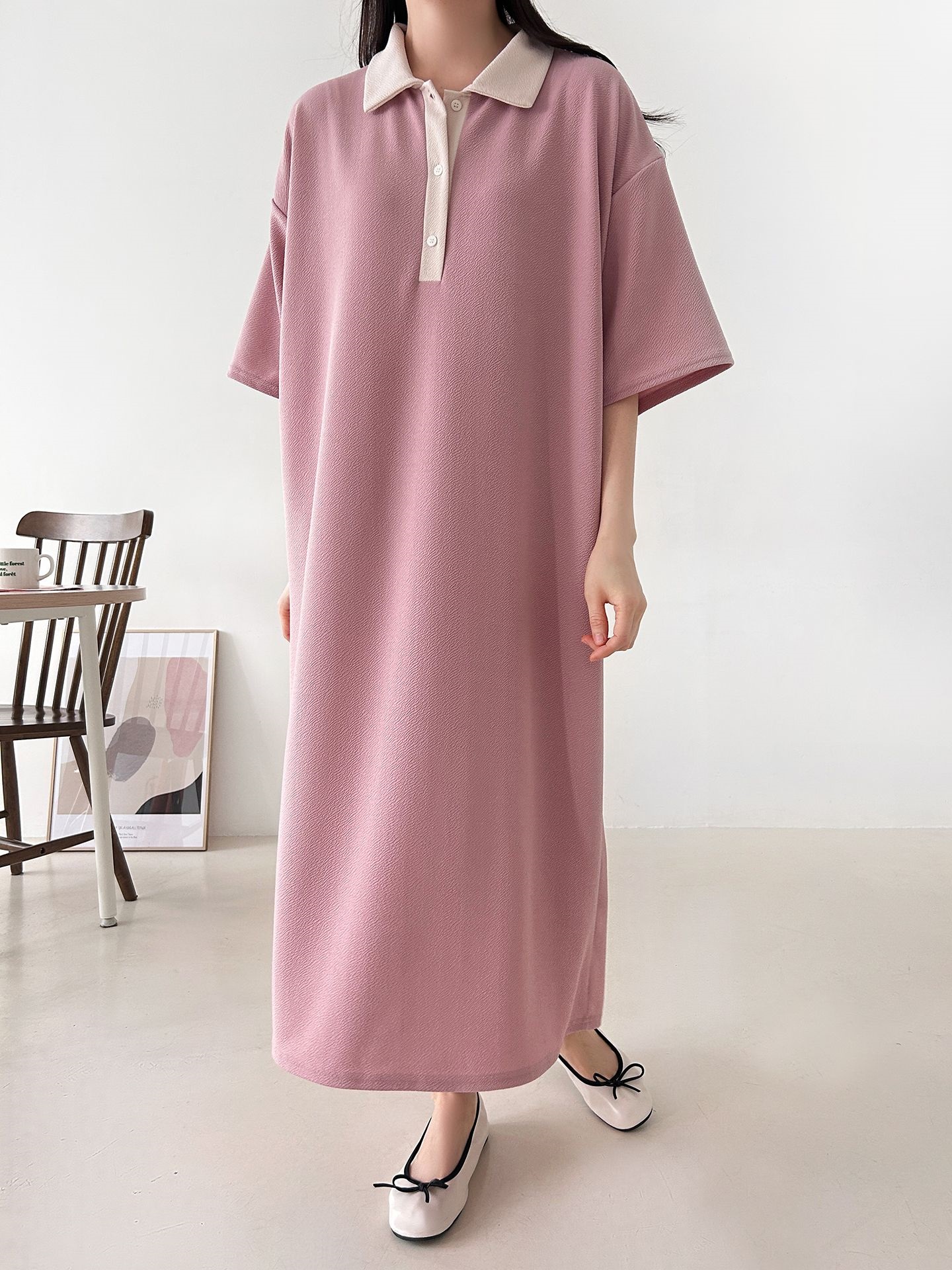 配色ボタンカラーボクシーロングルーズ長袖ワンピース | 詳細画像11