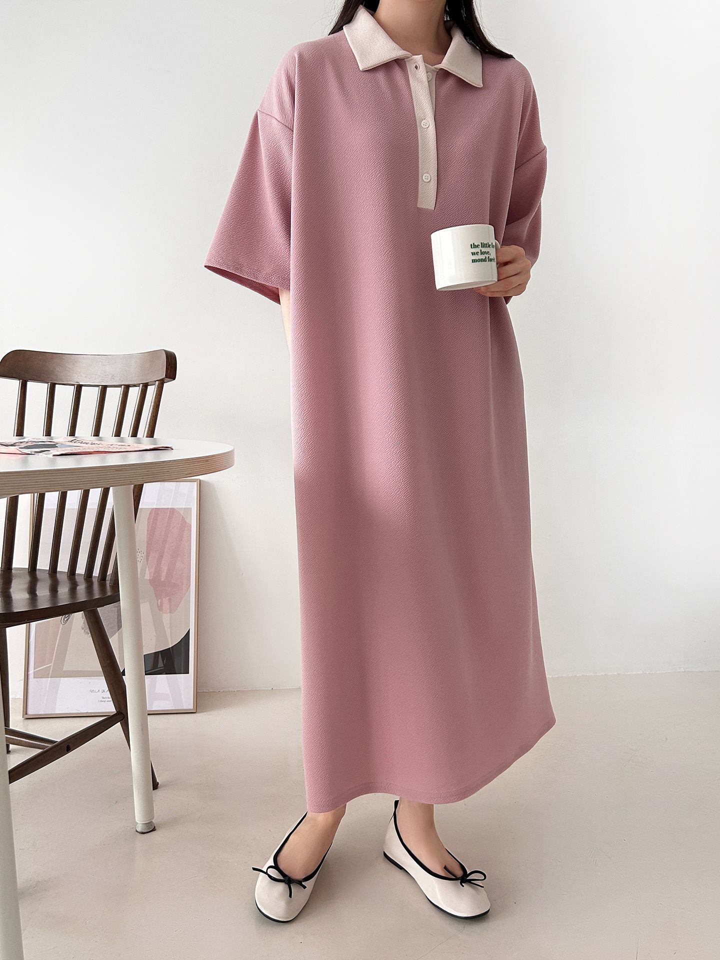 配色ボタンカラーボクシーロングルーズ長袖ワンピース | 詳細画像12