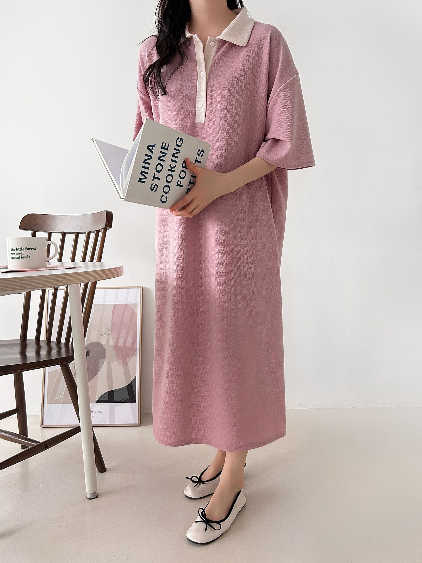 配色ボタンカラーボクシーロングルーズ長袖ワンピース | 詳細画像13