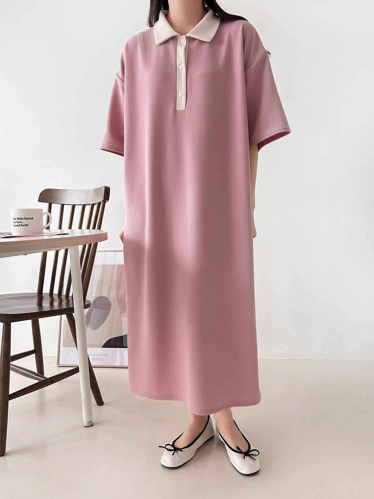 配色ボタンカラーボクシーロングルーズ長袖ワンピース | 詳細画像14