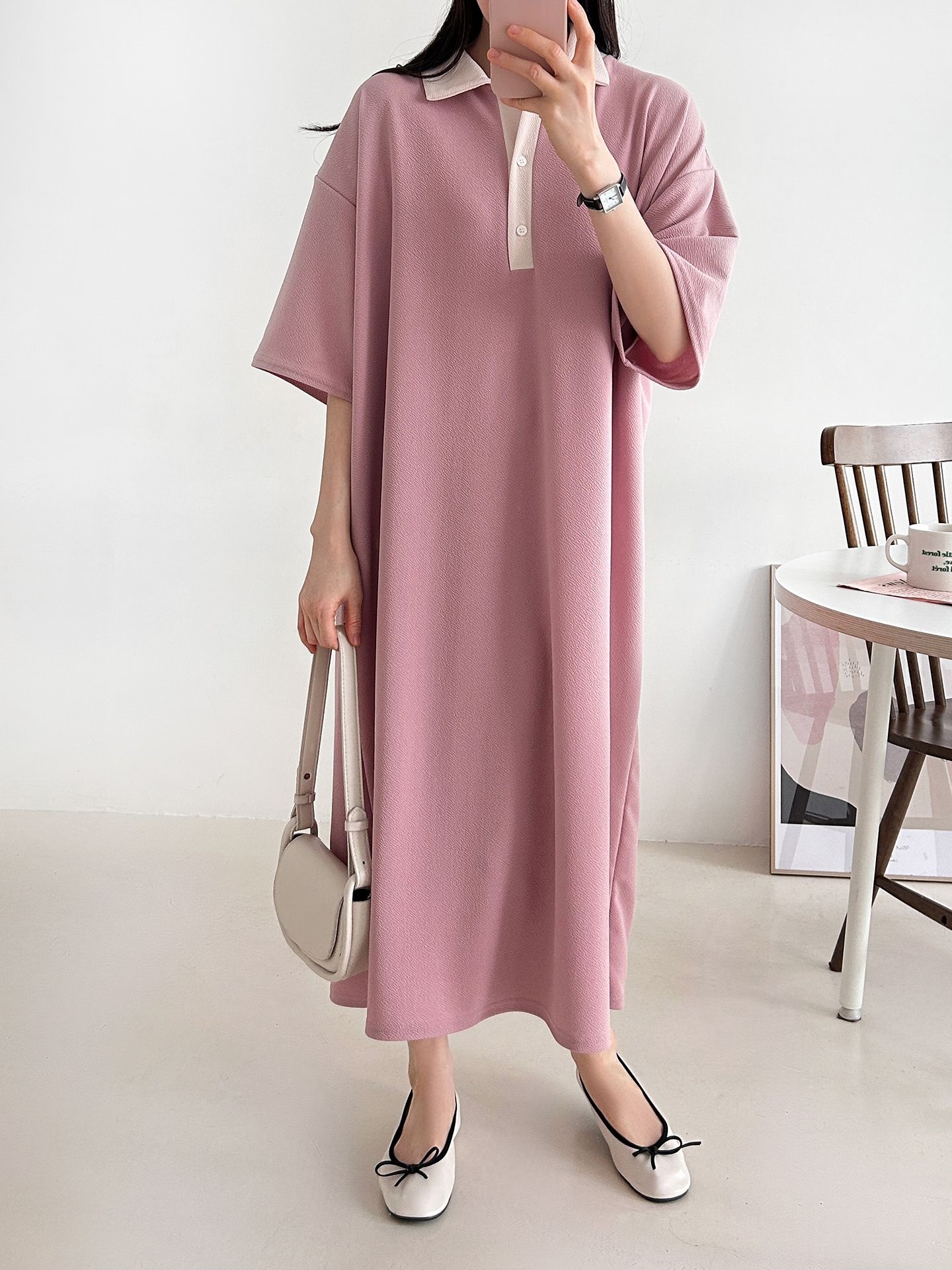 配色ボタンカラーボクシーロングルーズ長袖ワンピース | 詳細画像15