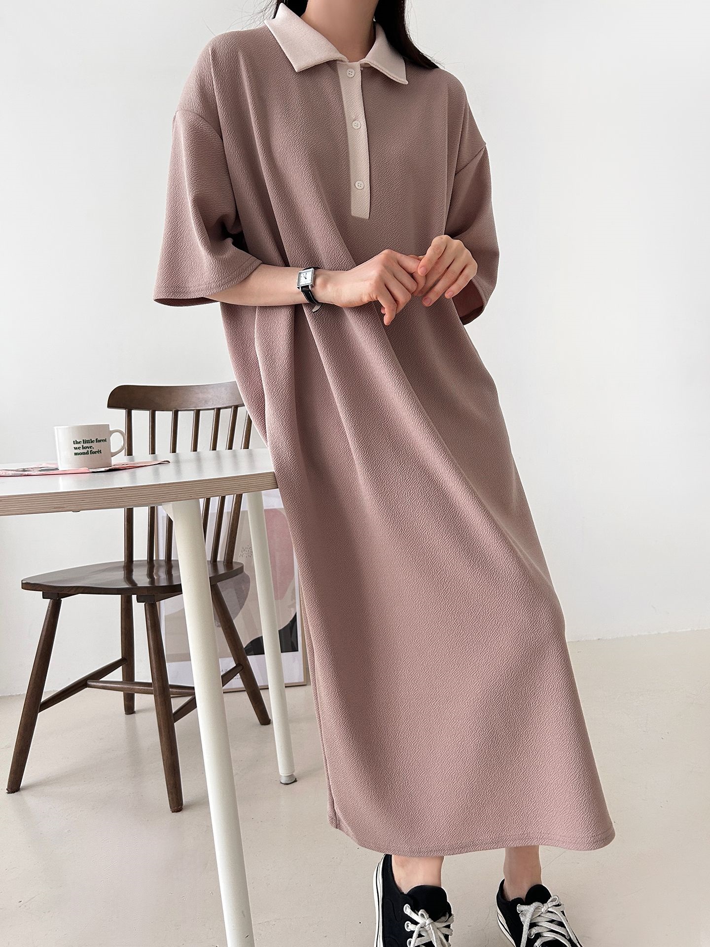 配色ボタンカラーボクシーロングルーズ長袖ワンピース | 詳細画像17